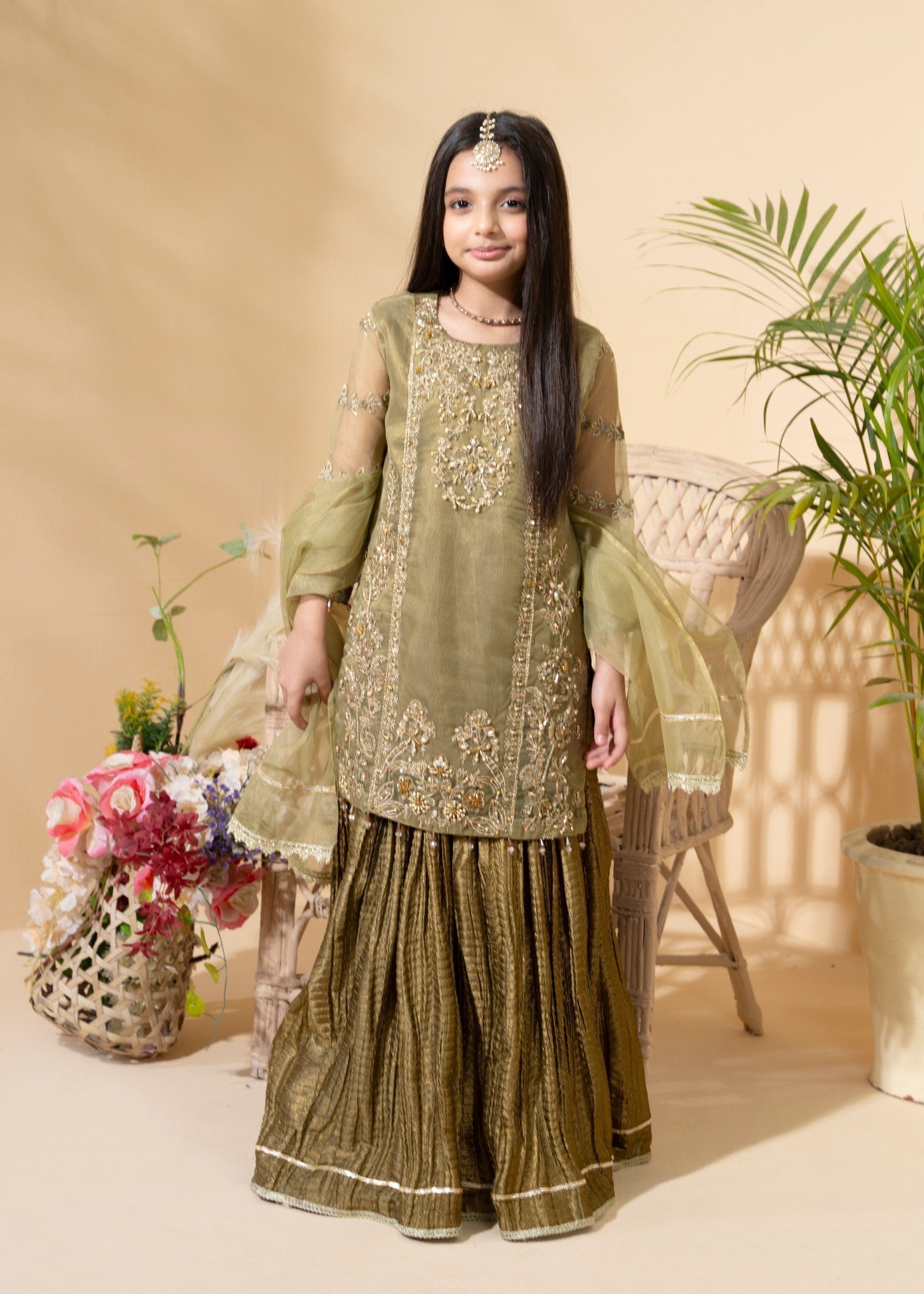 organza Lehenga in Olive green
