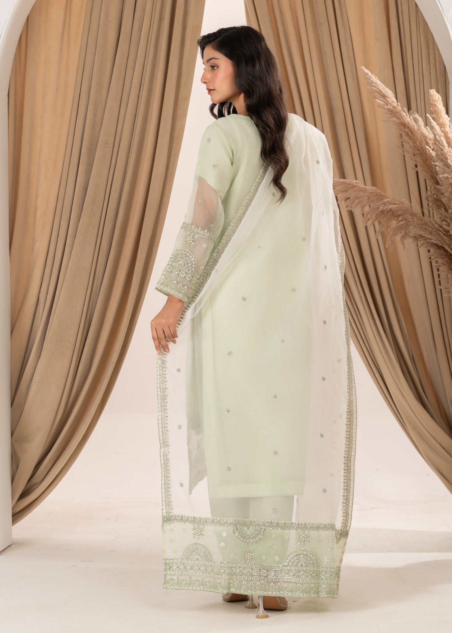 poly organza Kurta Set in Tea green