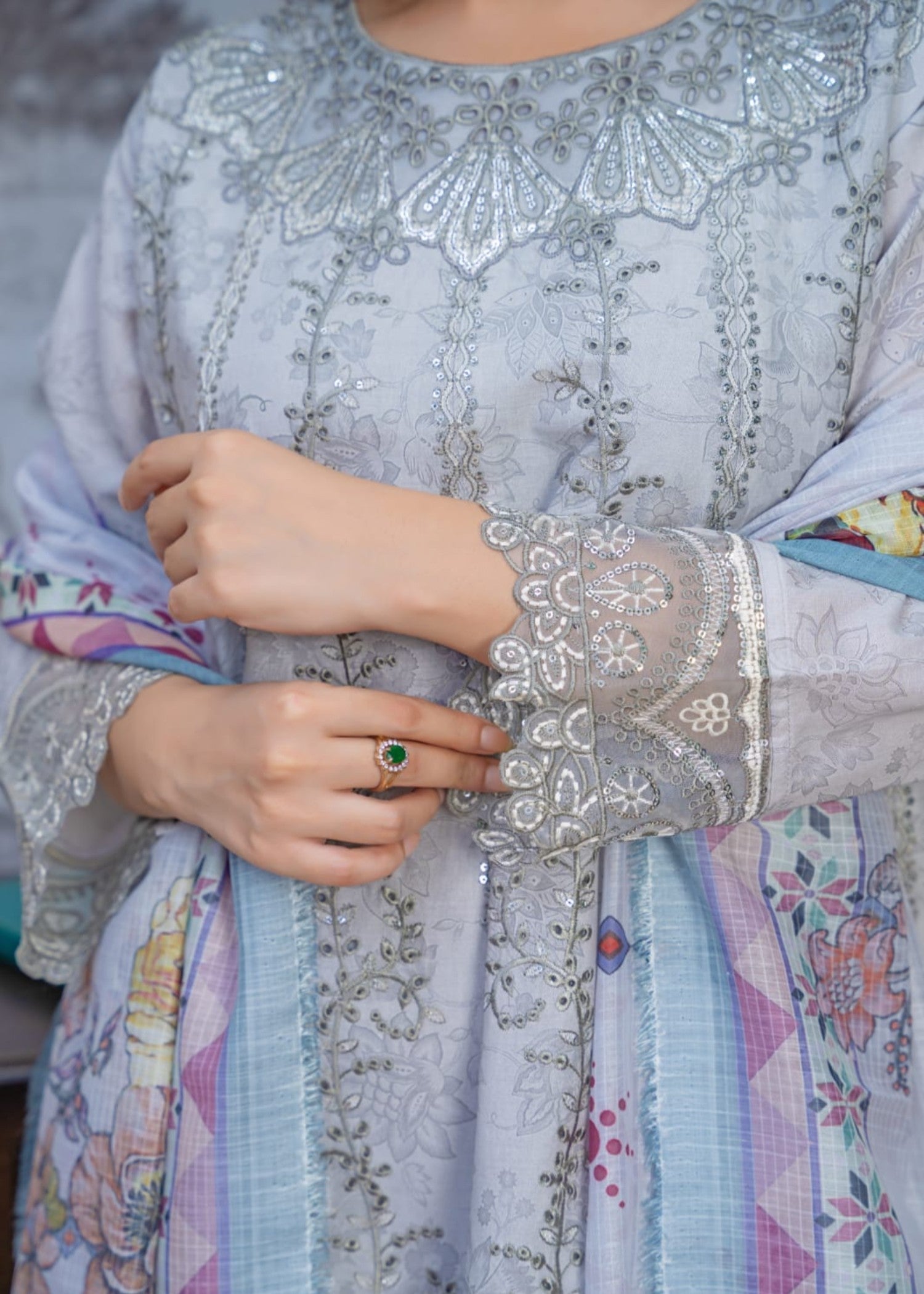 lawn cotton Kurta Set in Ash grey