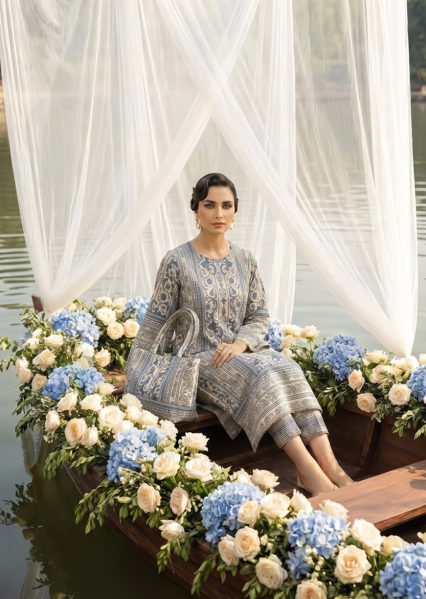 poly lawn Kurta Set in Ice blue, beige