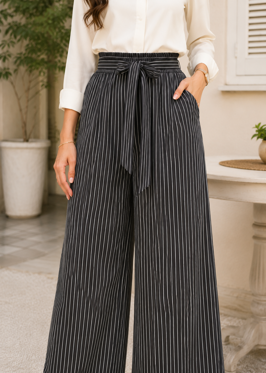 polyester Trousers in Black, warm grey