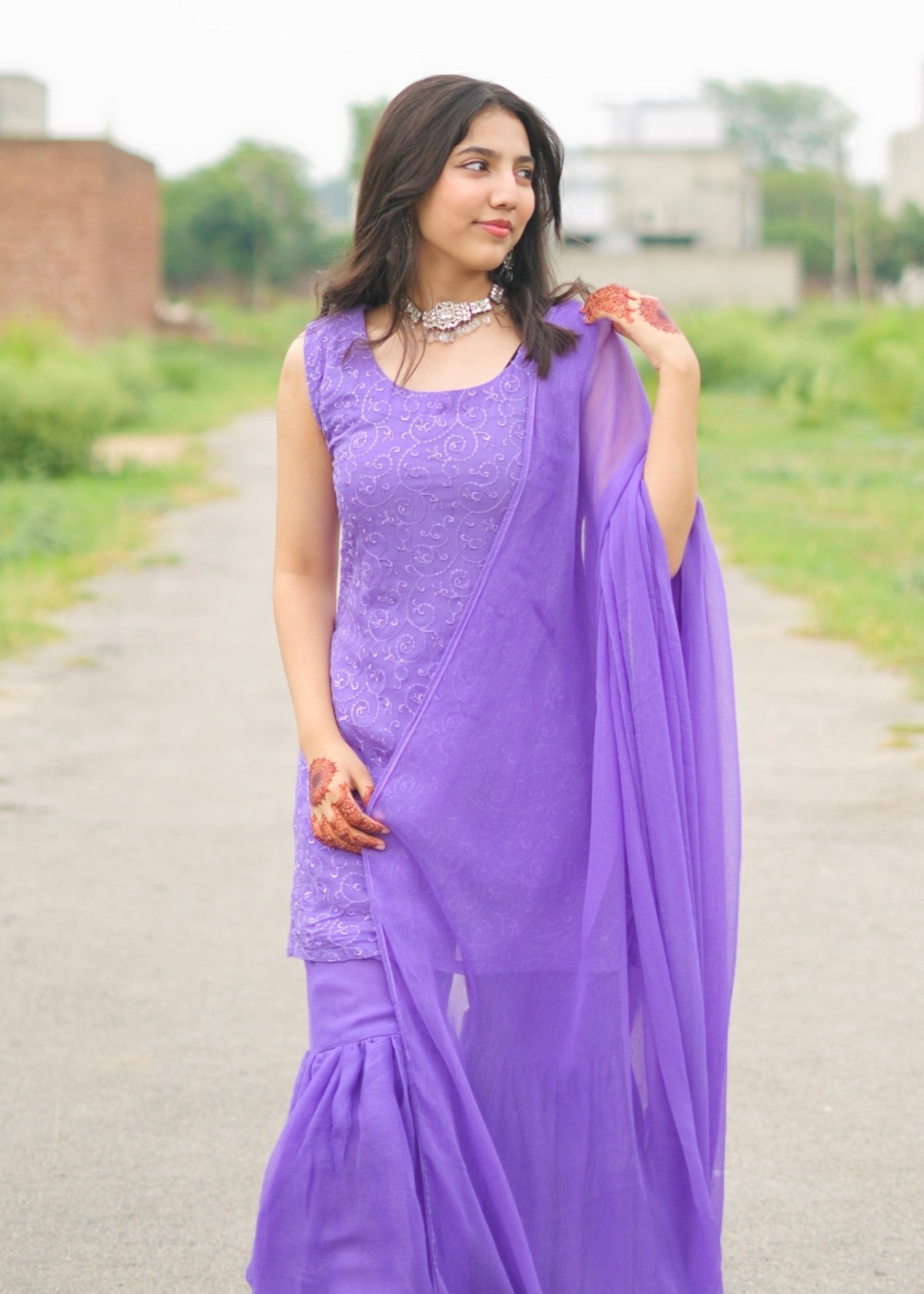 bemberg crinkle chiffon Gharara in Purple mountain majesty