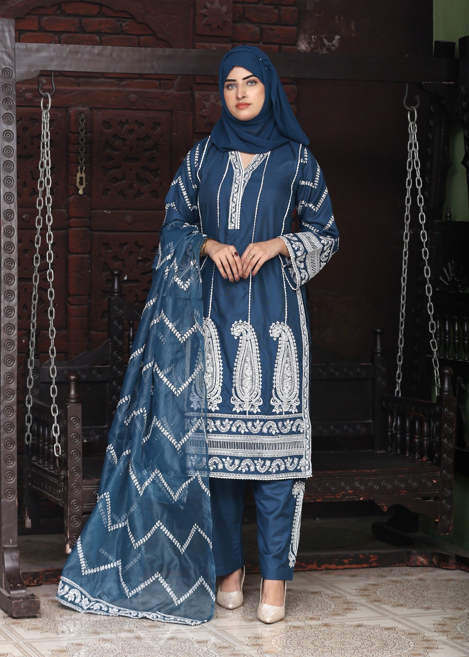 khaddi net Kurta Set in Indigo