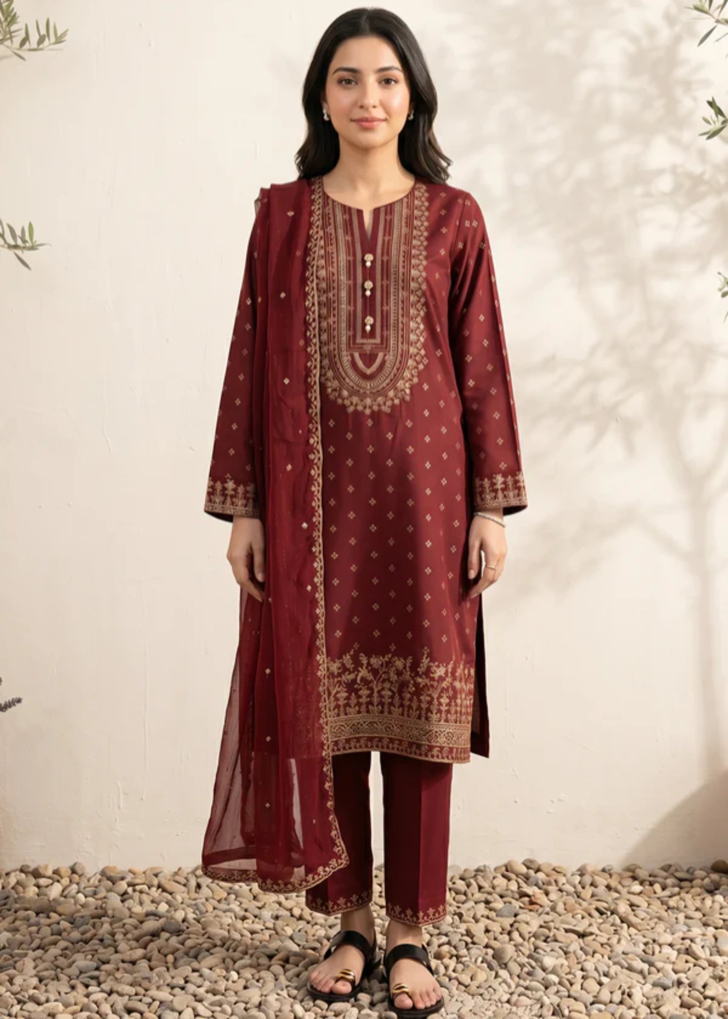 jacquard Kurta Set in Maroon