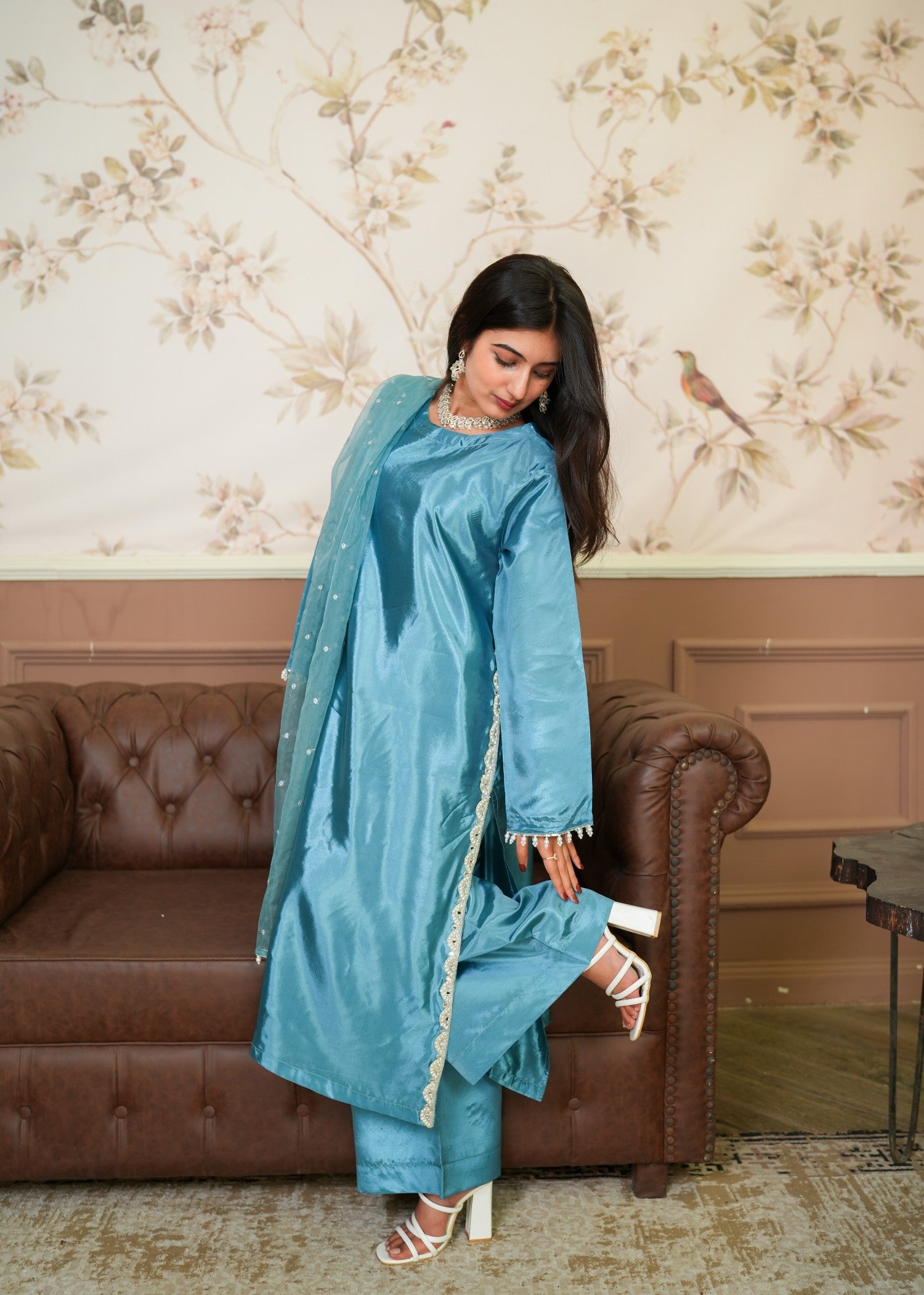 silk Kurta Set in Ocean blue