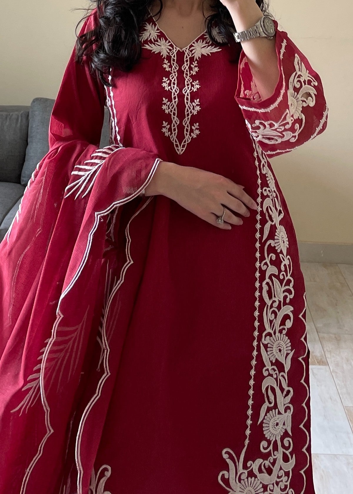 cotton karandi Kurta Set in Maroon