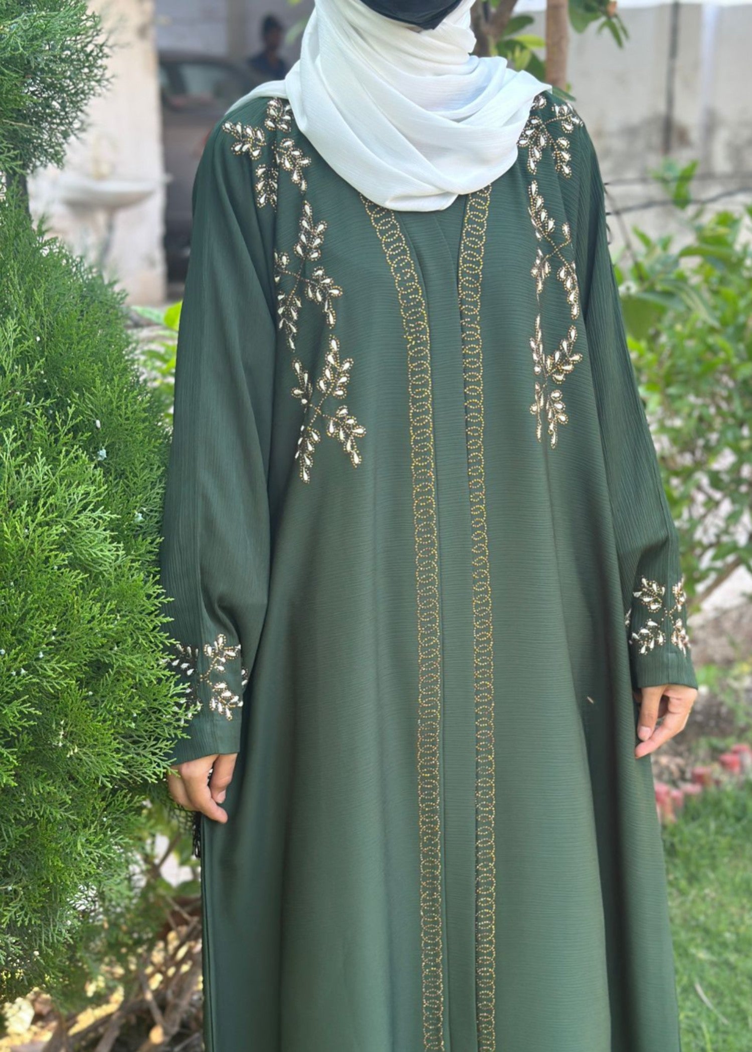 thai silk Abaya in Bottle green