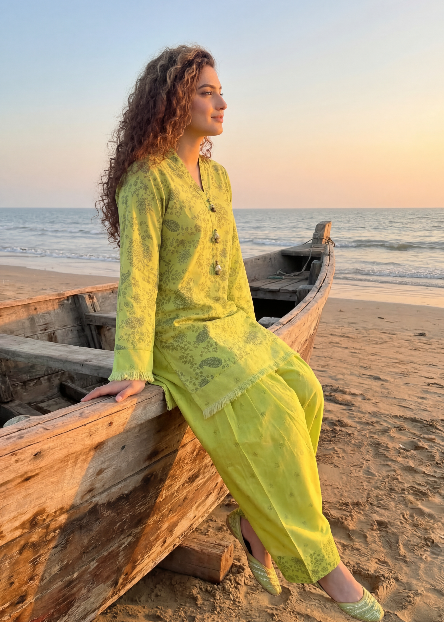 silk finish lawn Kurta Set in Key lime