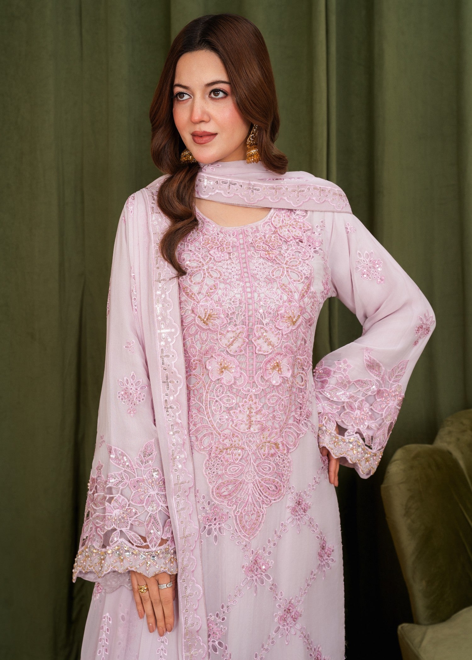 crinkle chiffon Kurta Set in Lavender pink