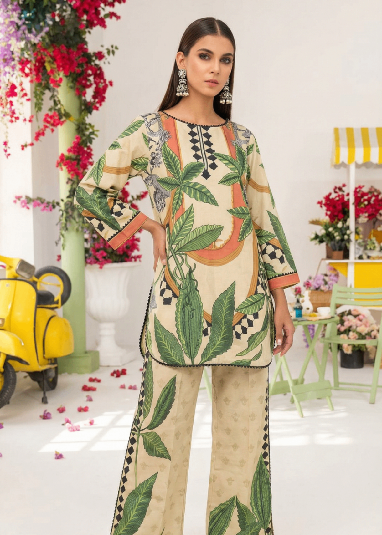 poly silk Co Ord Sets in Green, cream