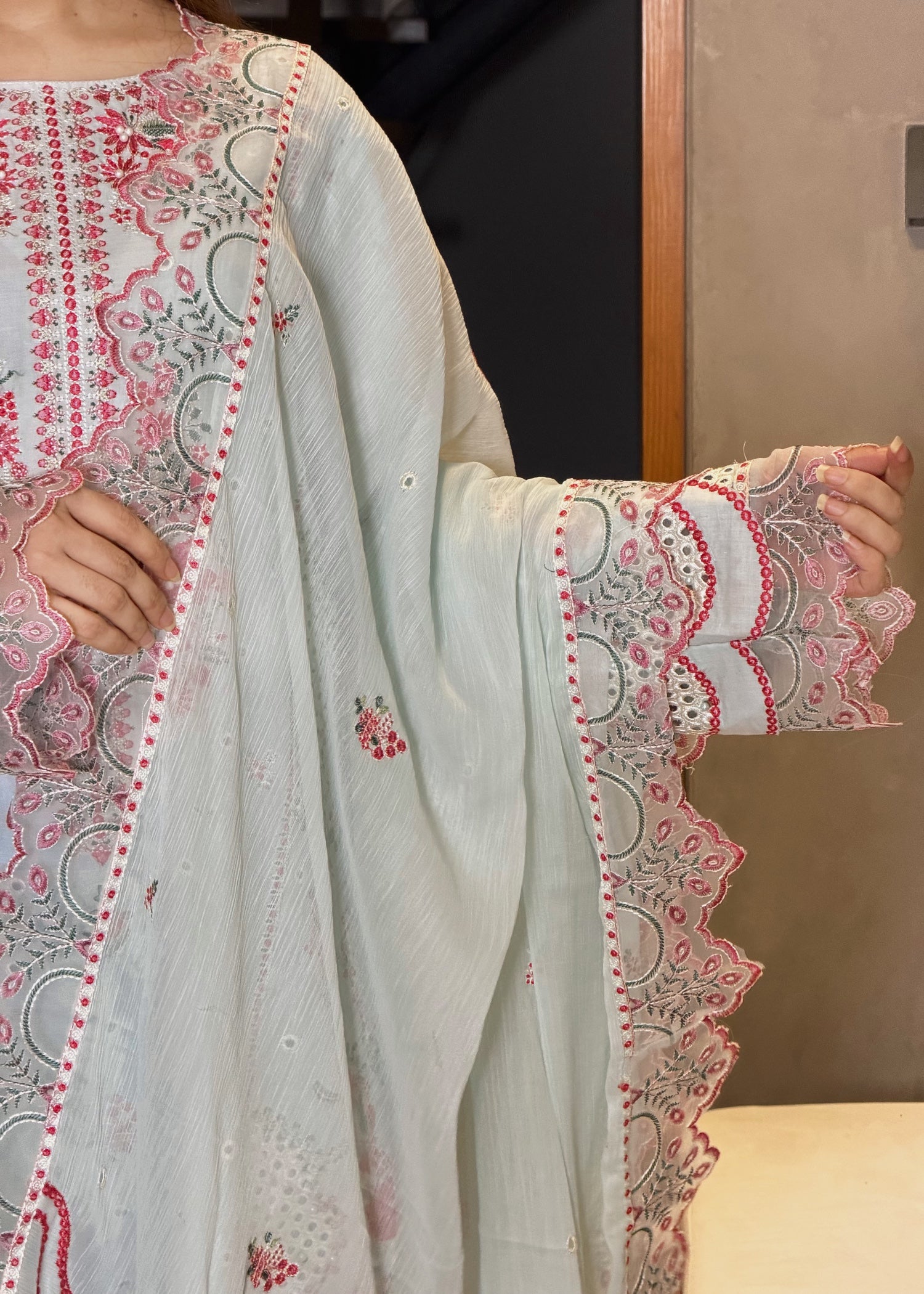lawn Kurta Set in Ash grey, pink