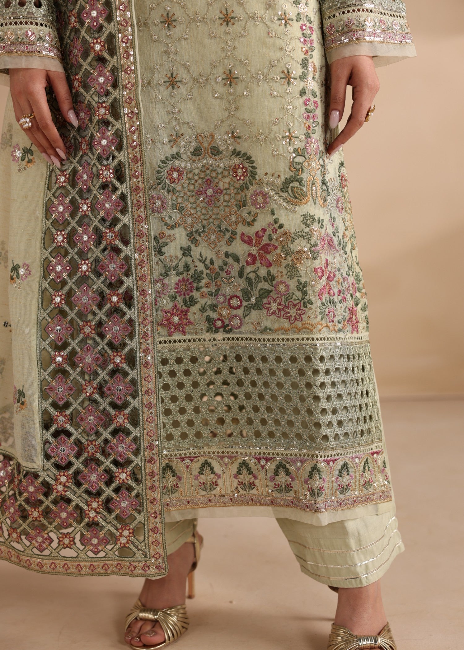 khaddi net Kurta Set in Pistachio green