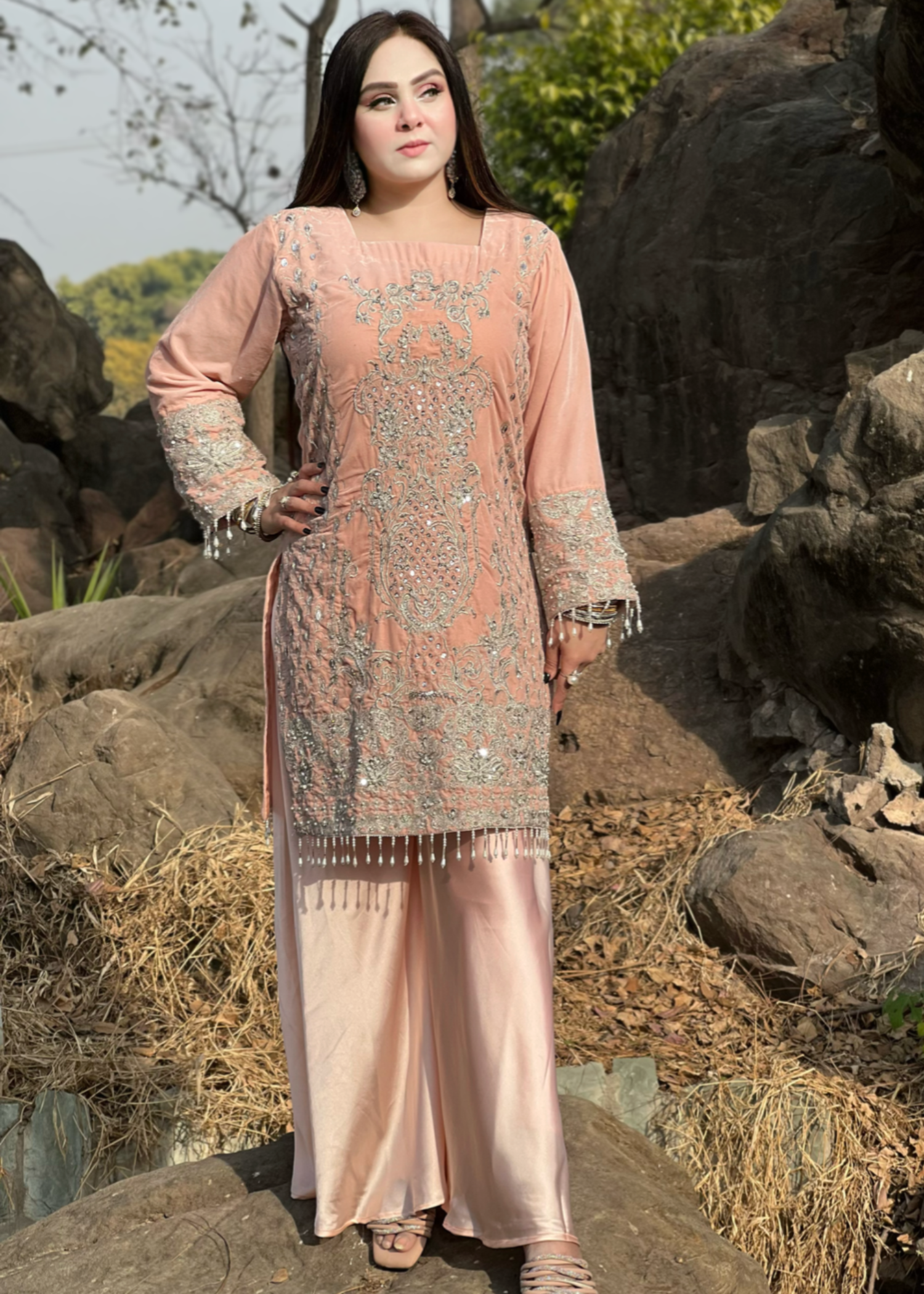 velvet Kurta Set in Light pink