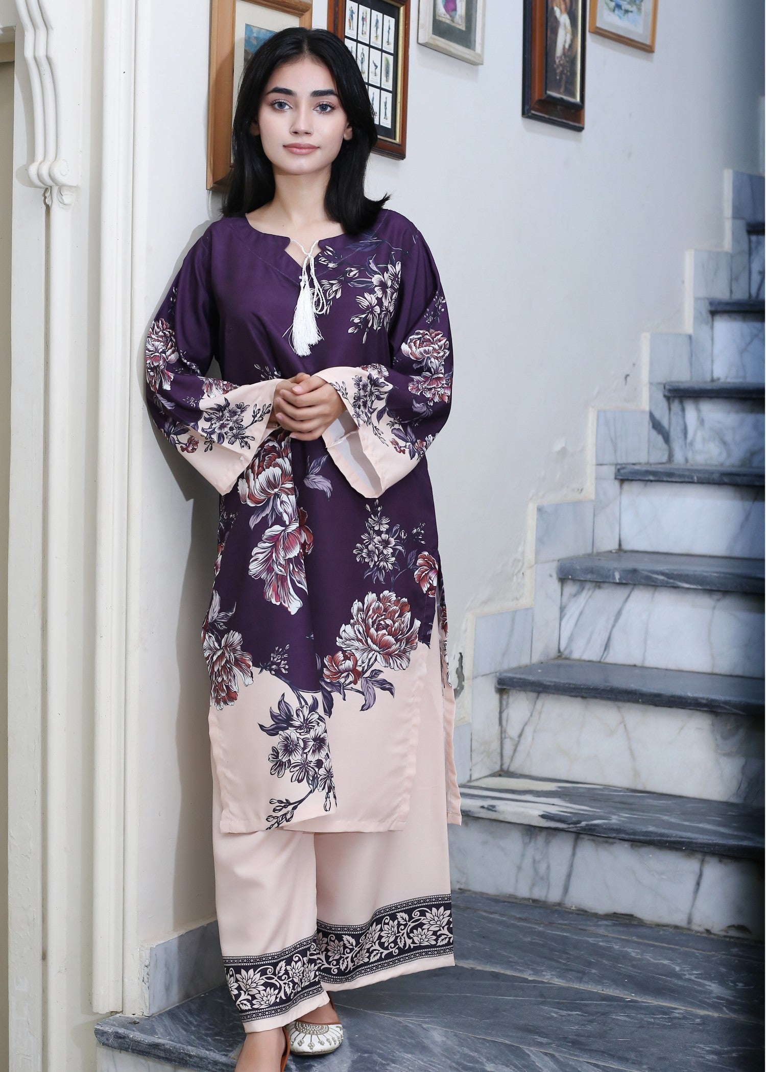 poly lawn Kurta Set in Tea rose pink, purple