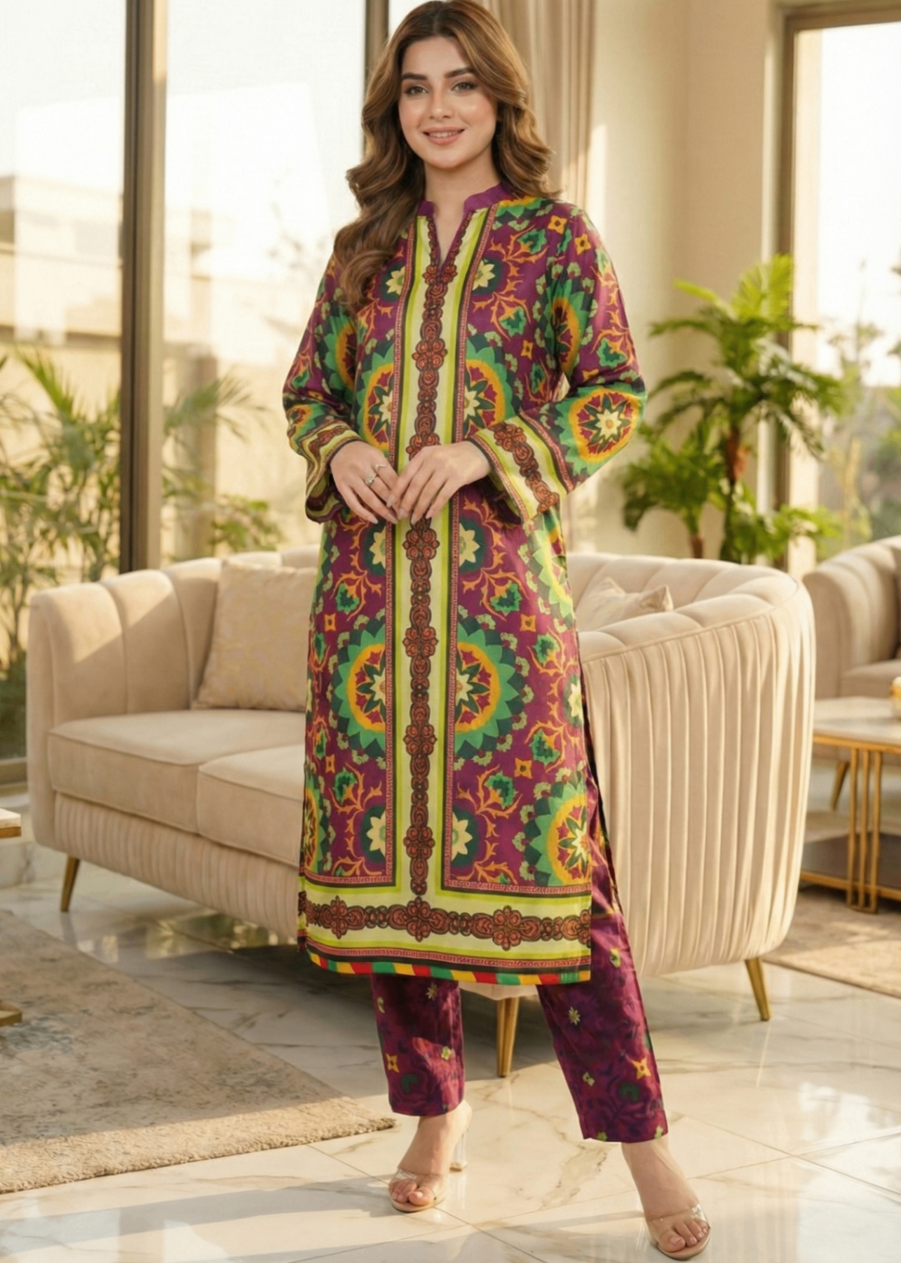silk charmeuse Kurta Set in Multi
