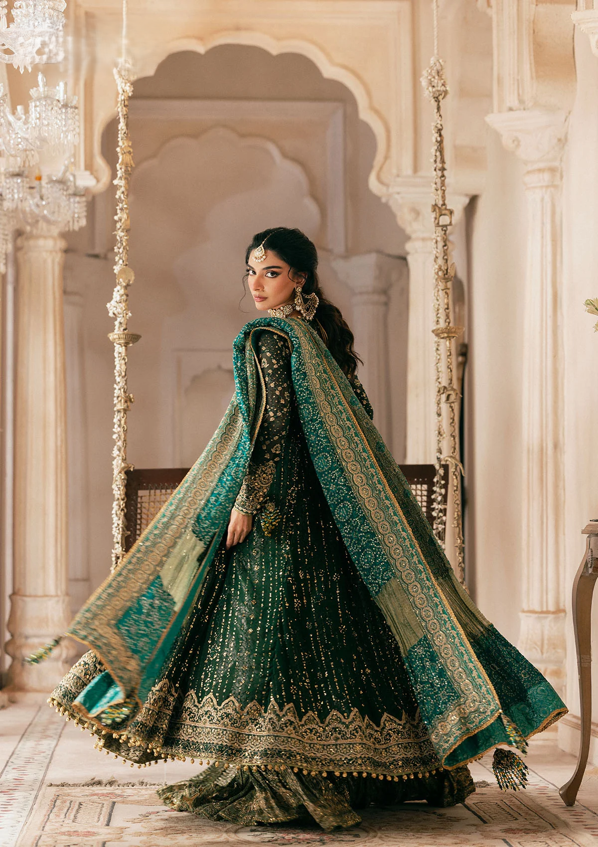 medium silk Angrakha in Bottle green