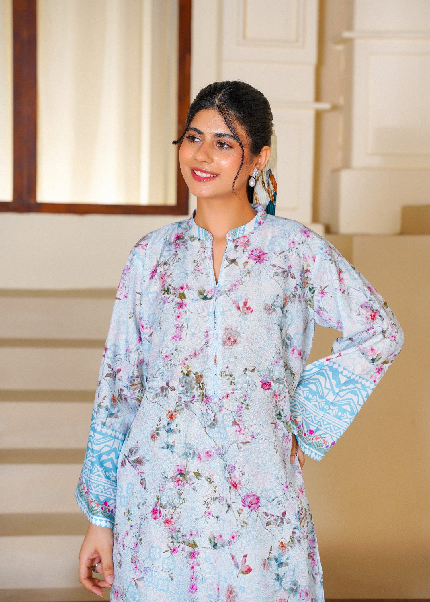 slub cambric Kurta Set in Baby blue