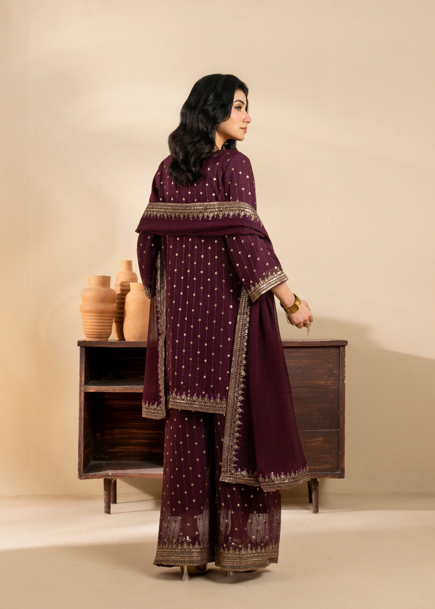 chiffon Kurta Set in Burgundy