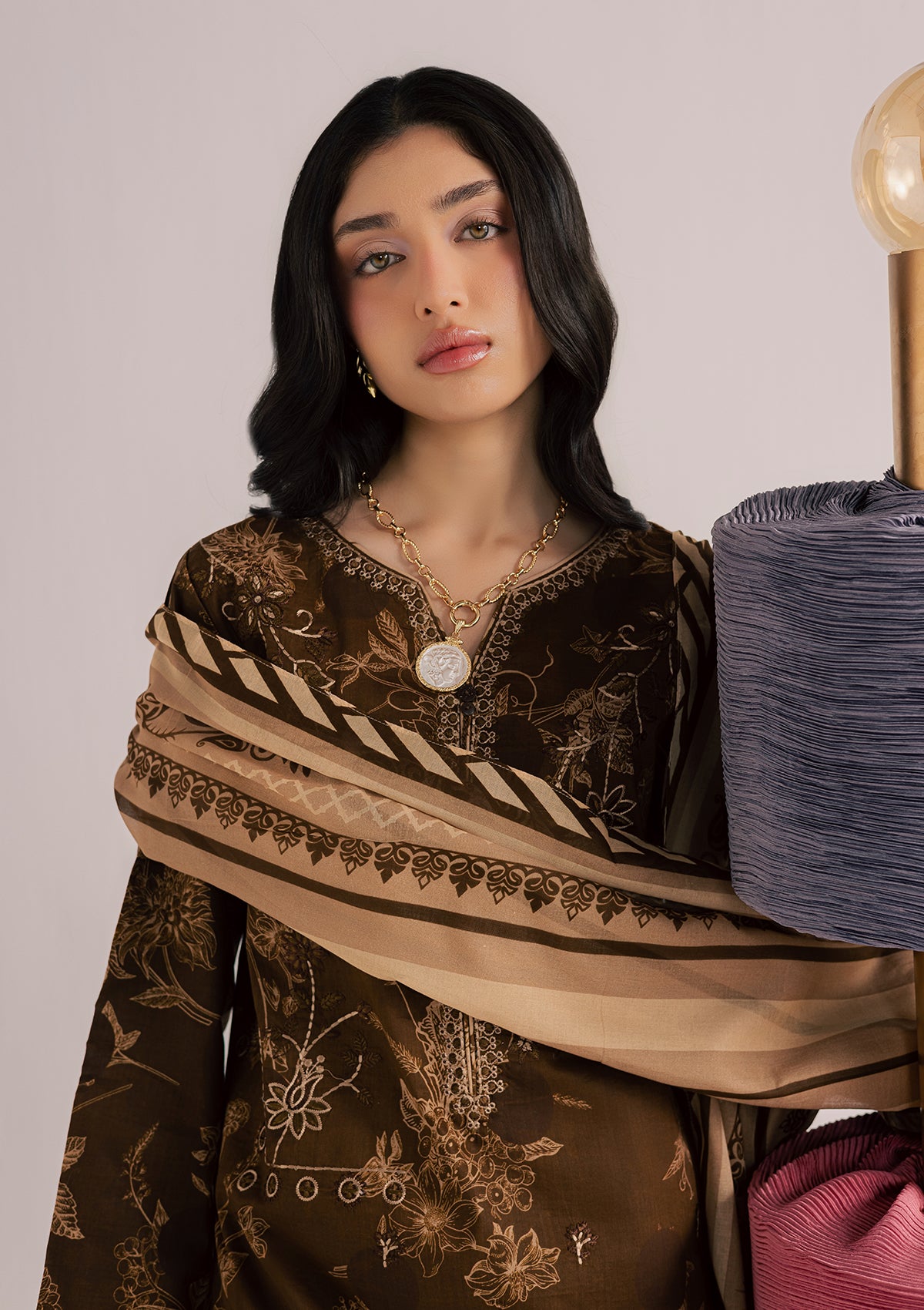 lawn Kurta Set in Dark brown