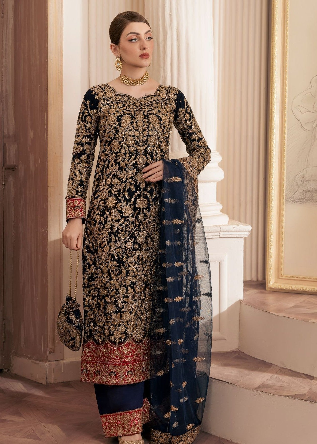 net Kurta Set in Navy blue