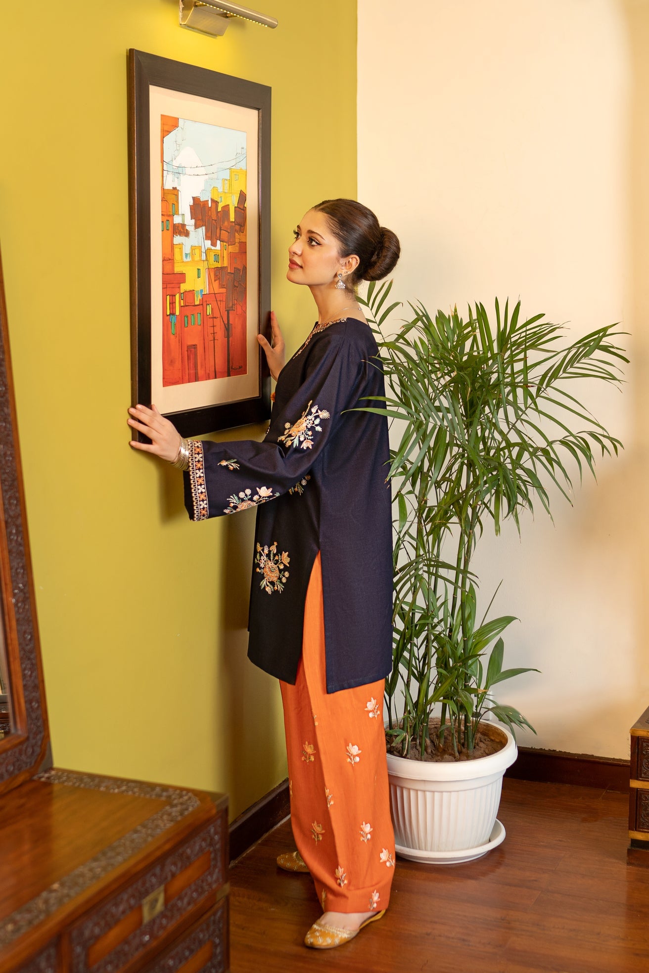 slub khaddar Kurta Set in Sunset orange, aegean blue
