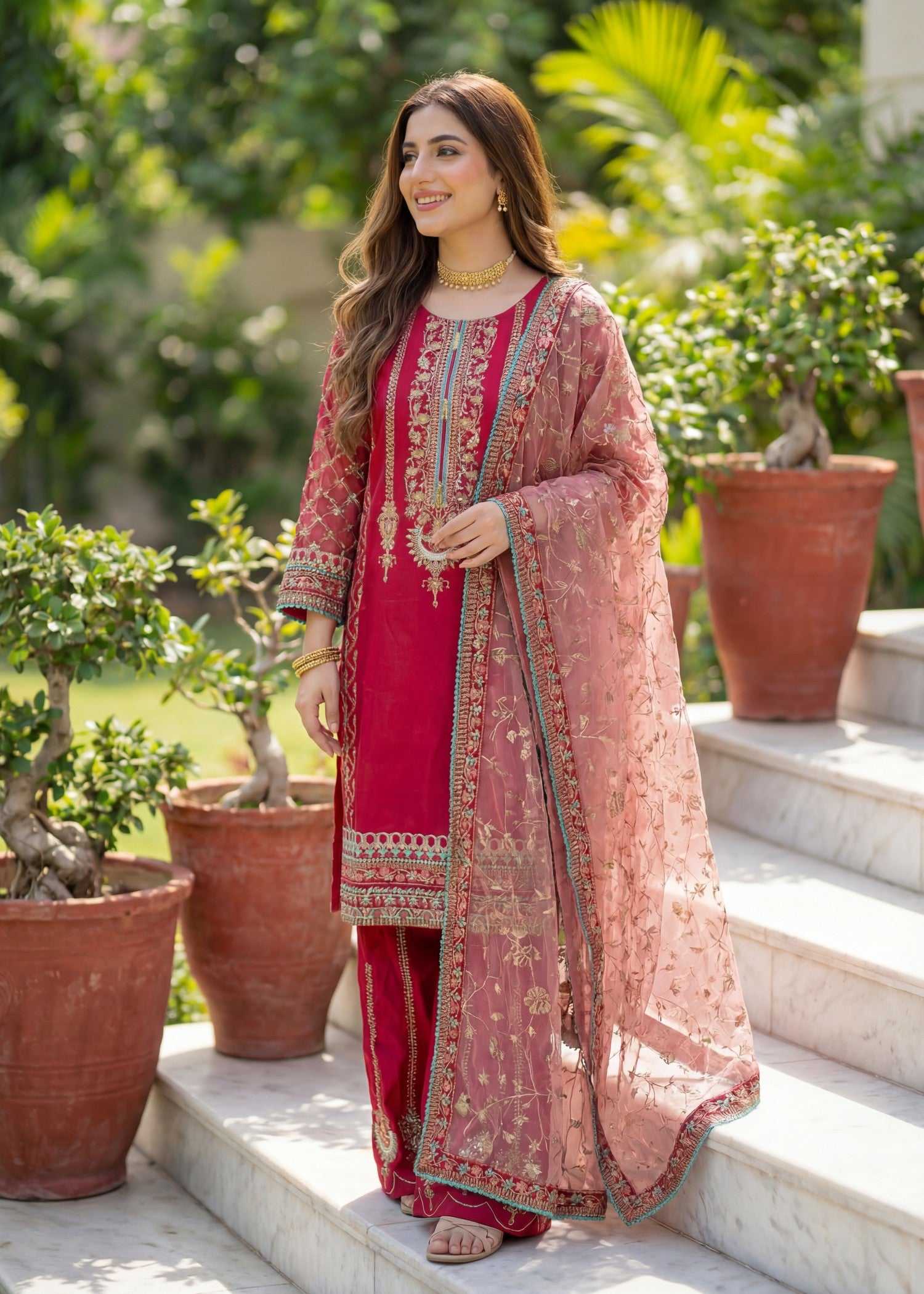 kattan silk Kurta Set in Hot pink red