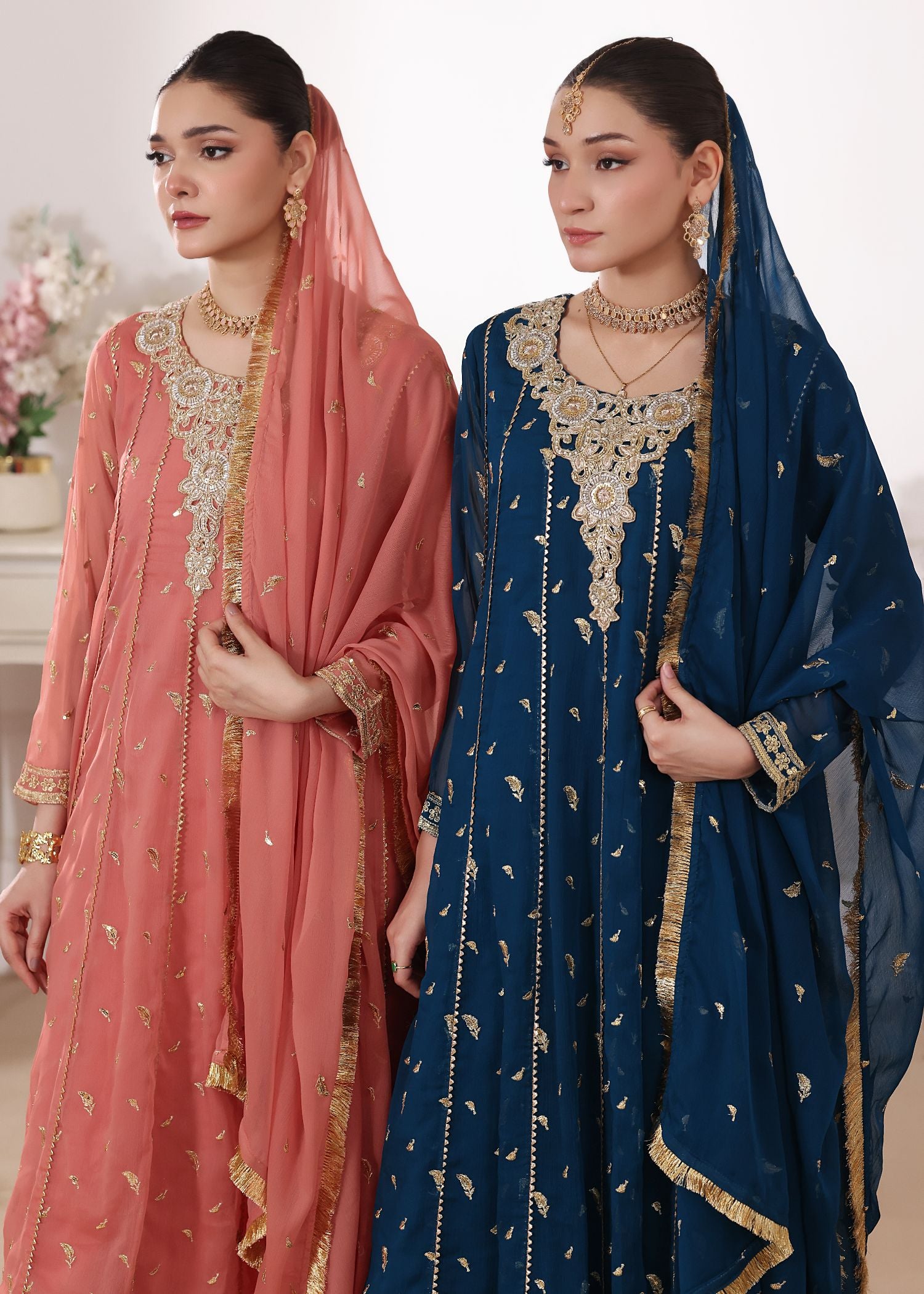 chiffon Pishwas in Peach orange