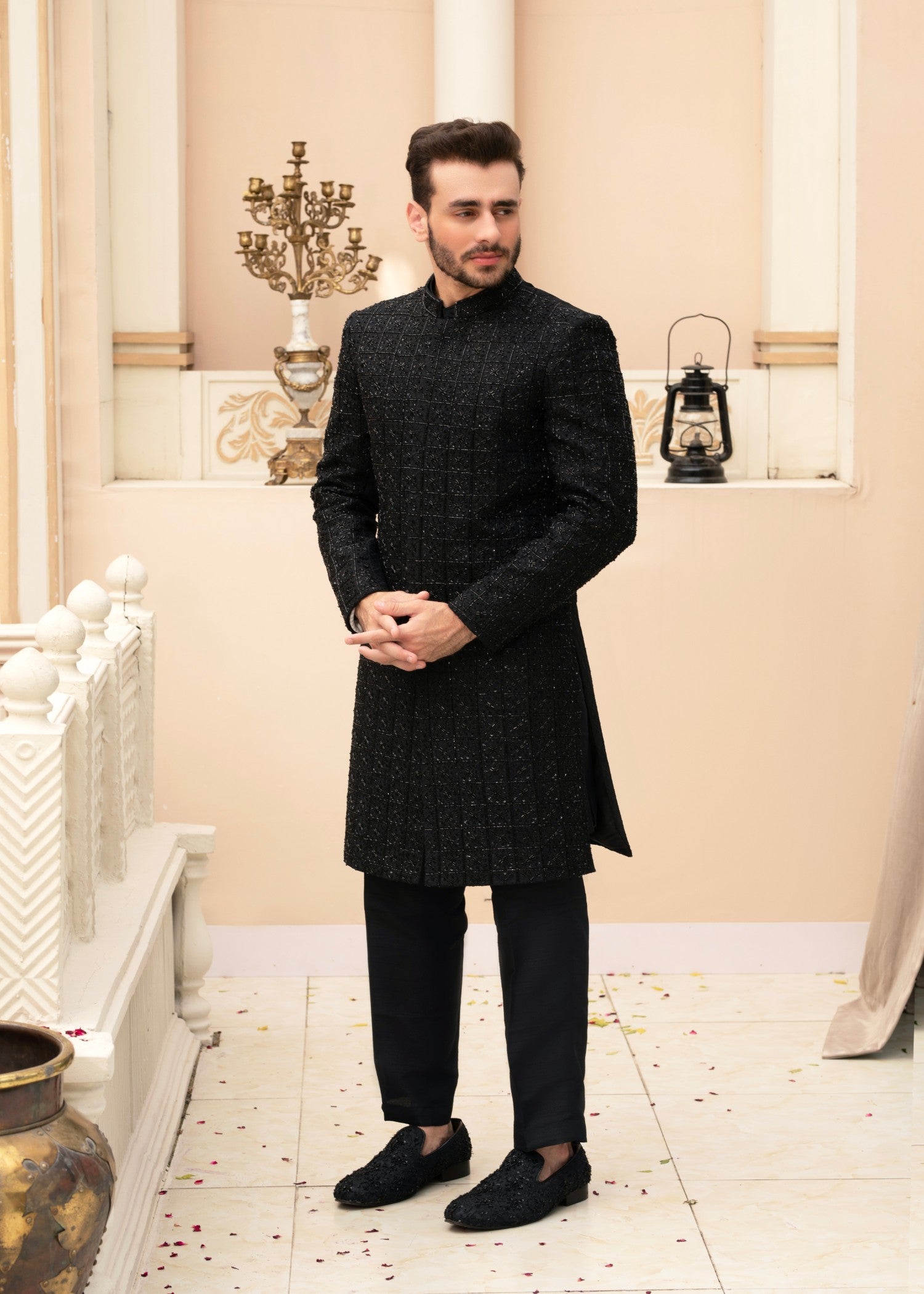 cotton silk Sherwani in Black