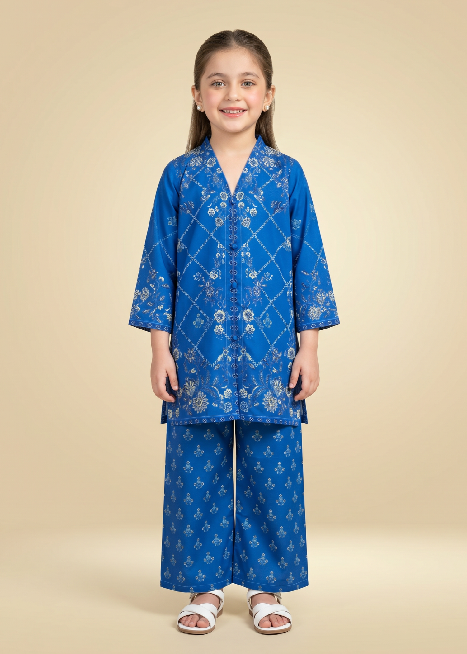 polyester crepe Kurta Set in Royal blue