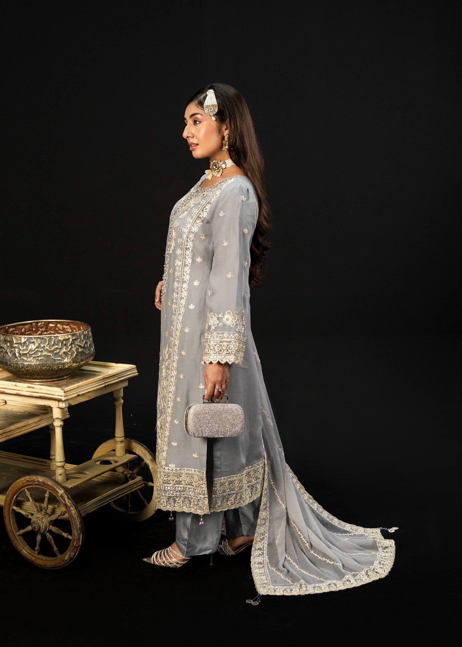 crinkle chiffon Kurta Set in Grey