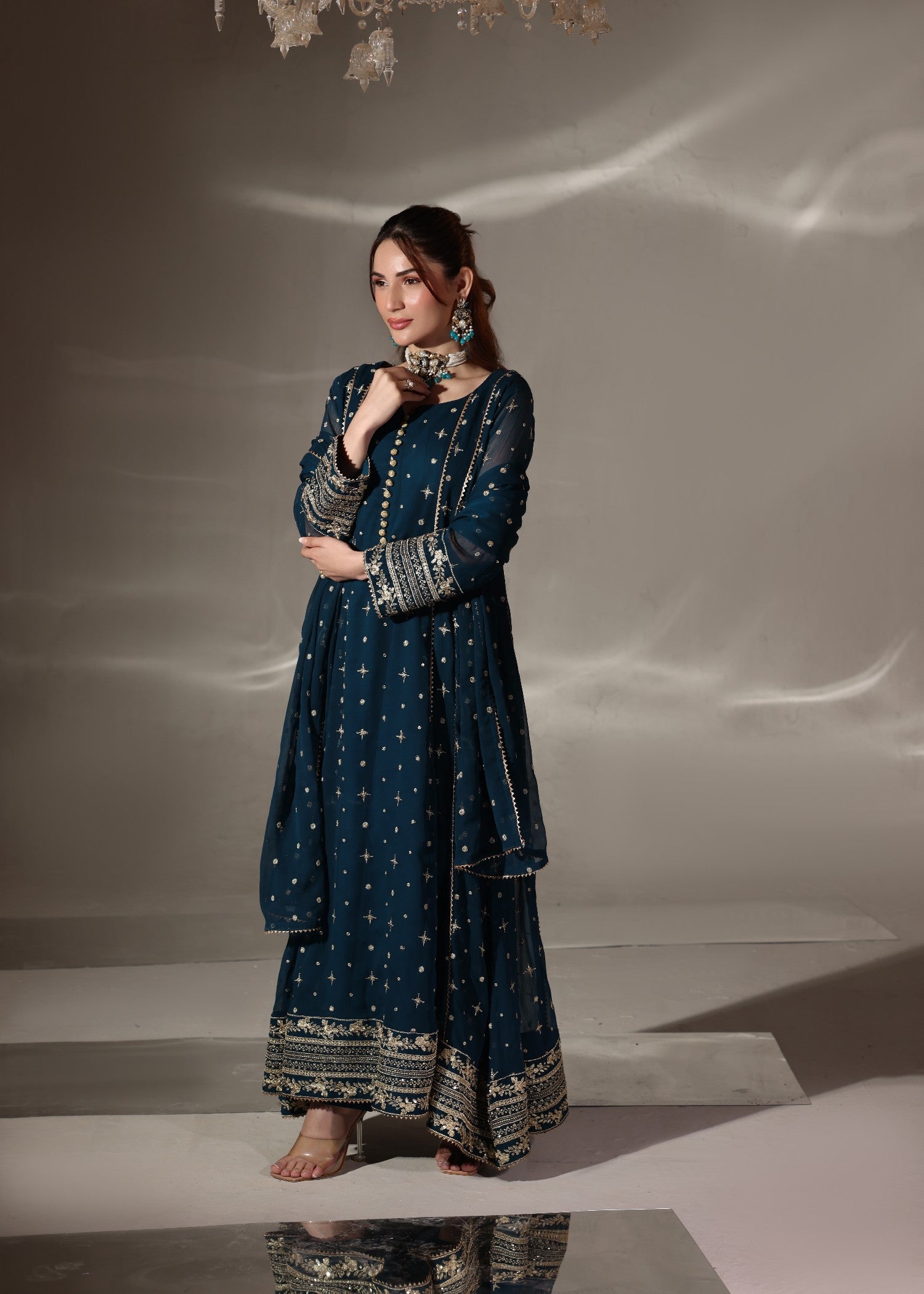 chiffon Pishwas in Teal