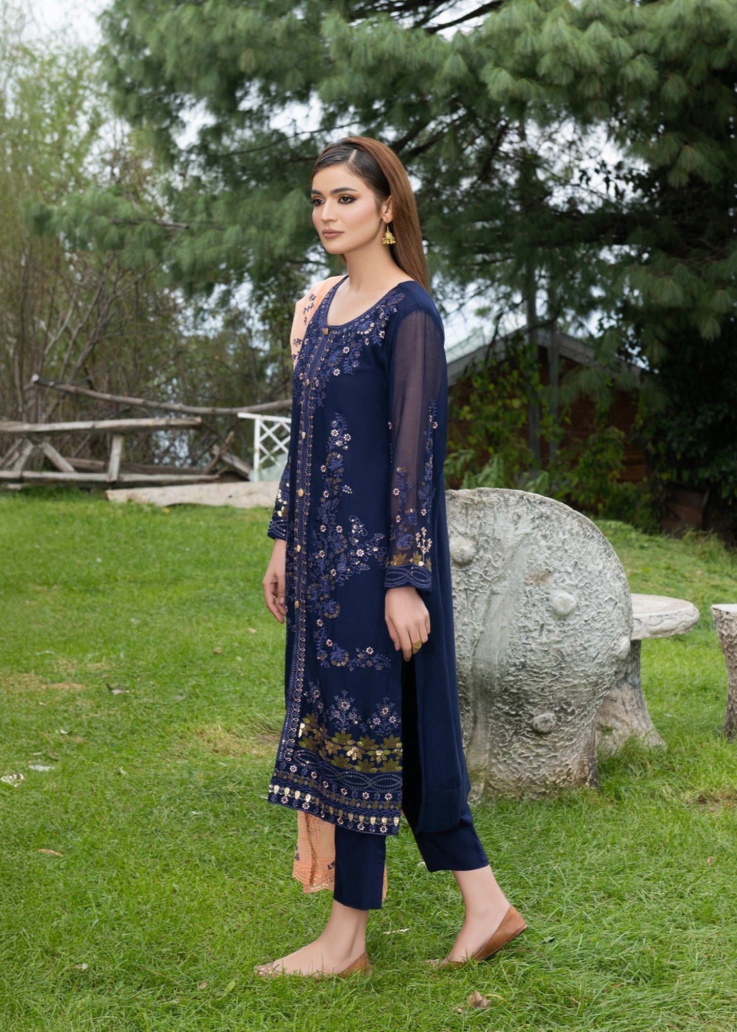 chiffon Kurta Set in Midnight blue