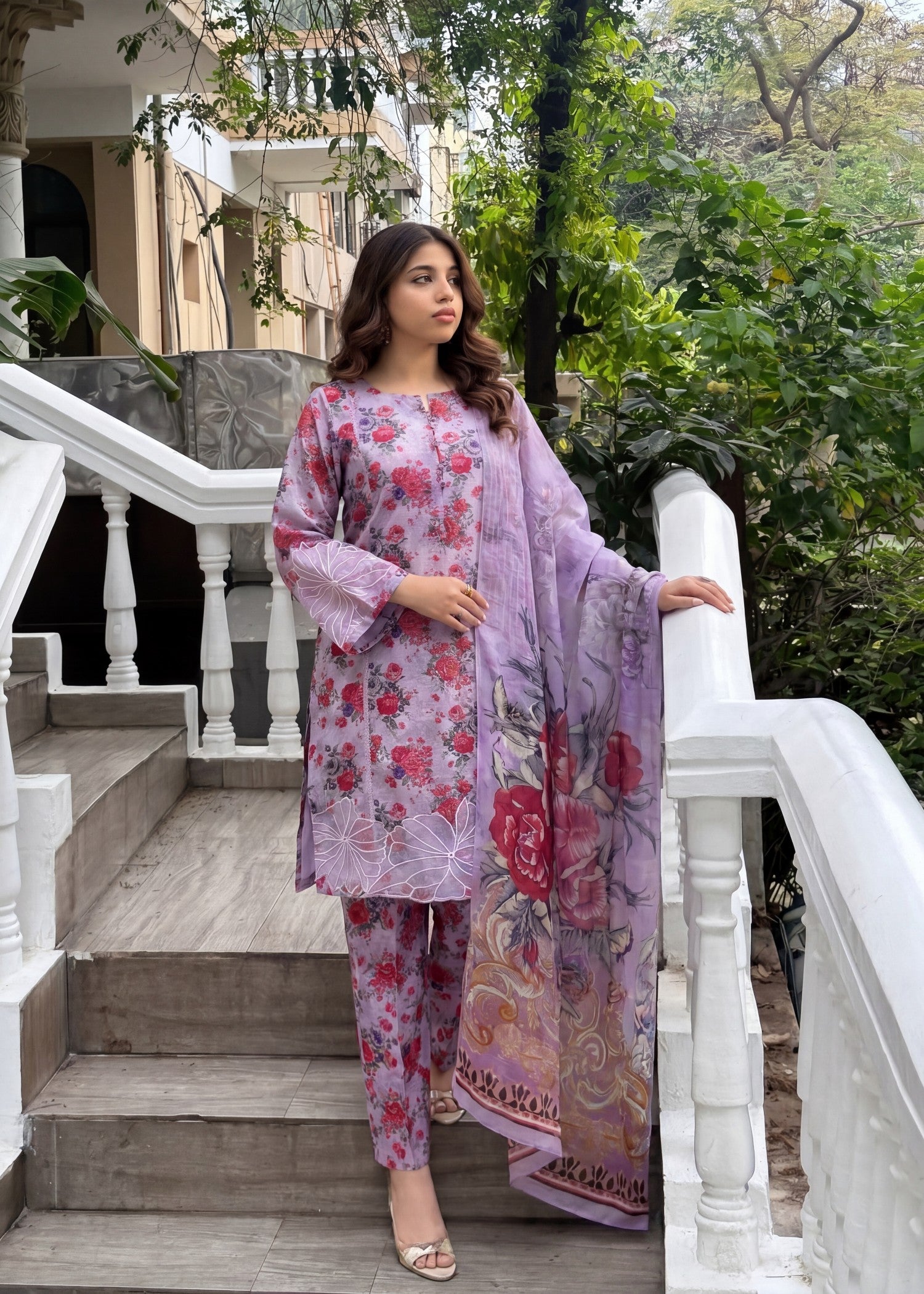 textured lawn Kurta Set in Royal purple