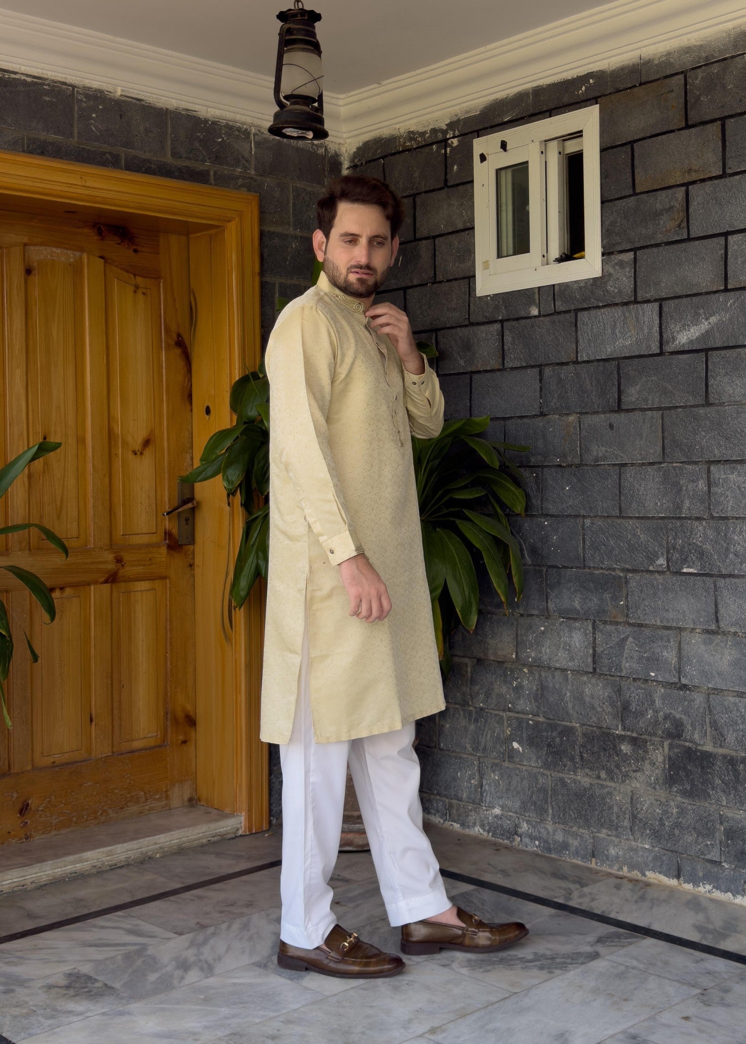 traditional jamawar Kurta in Autumn gold