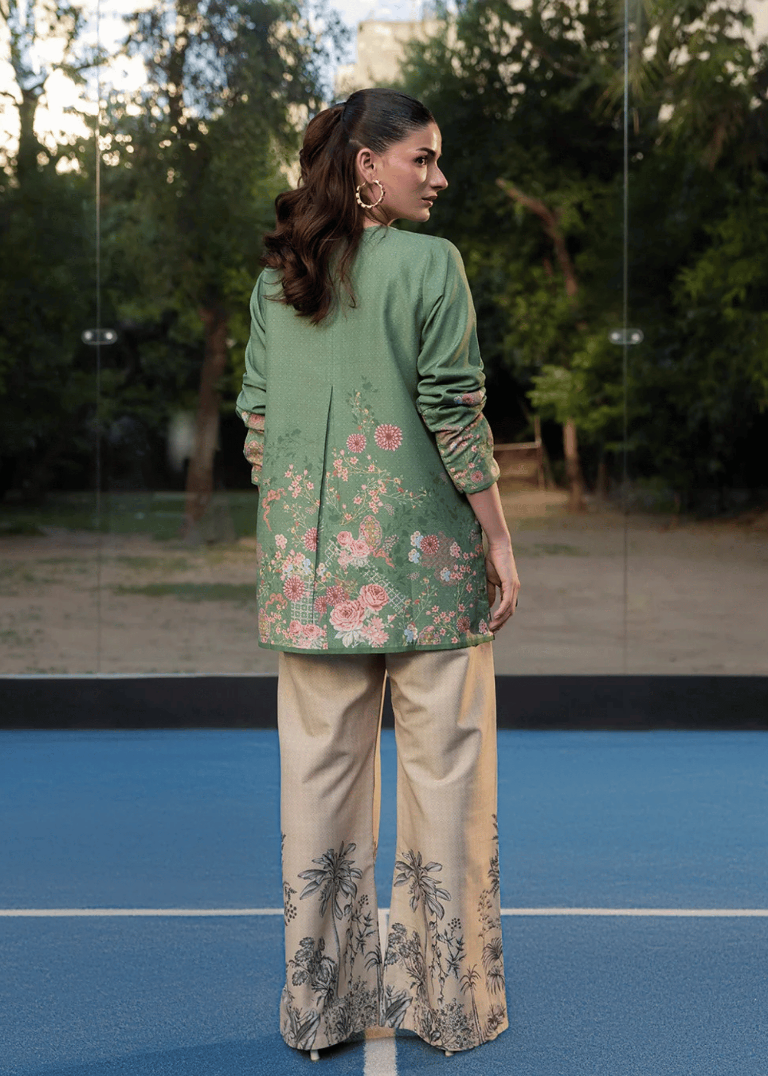 arabic lawn Kurta Set in Champagne, moss green