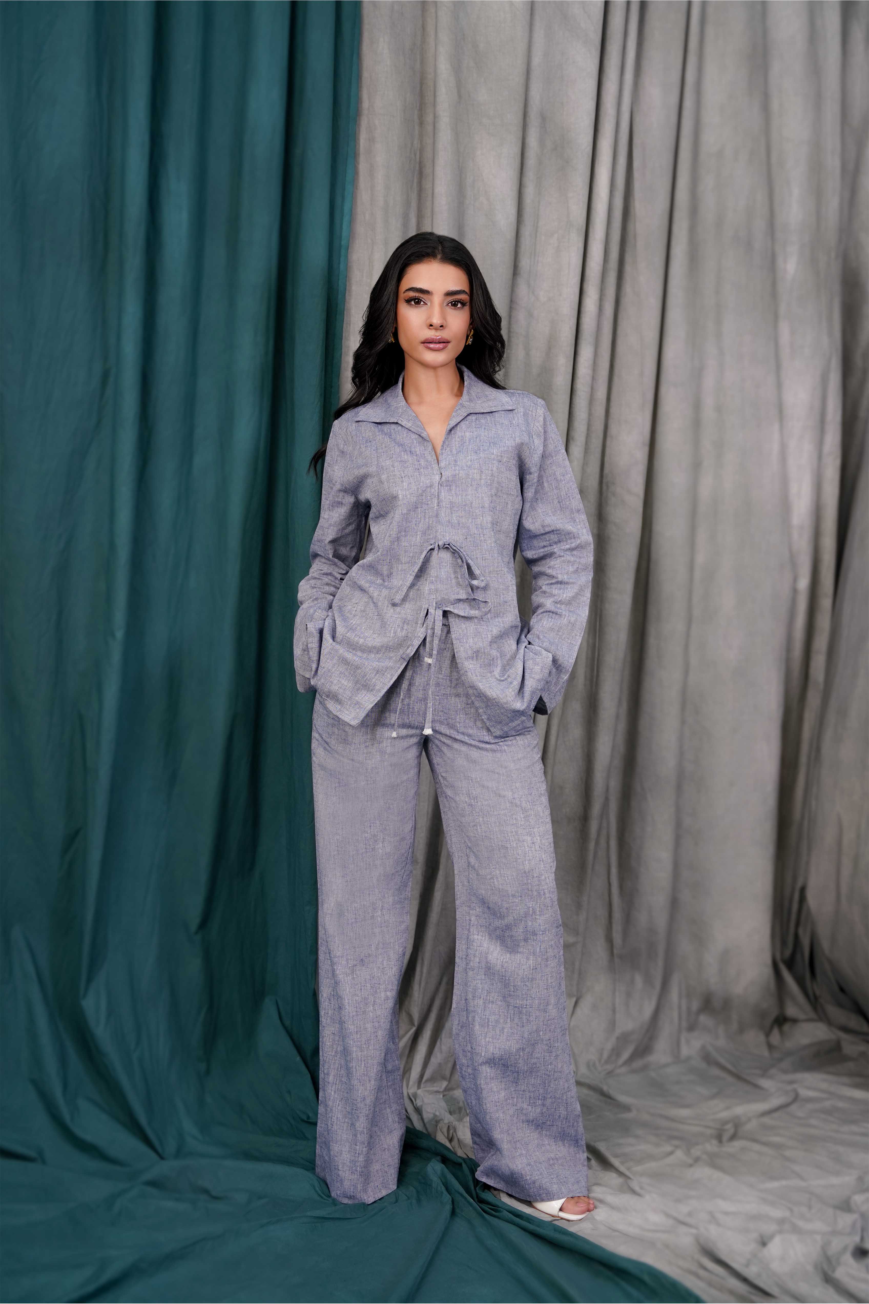 blended linen Co Ord Sets in Steel blue