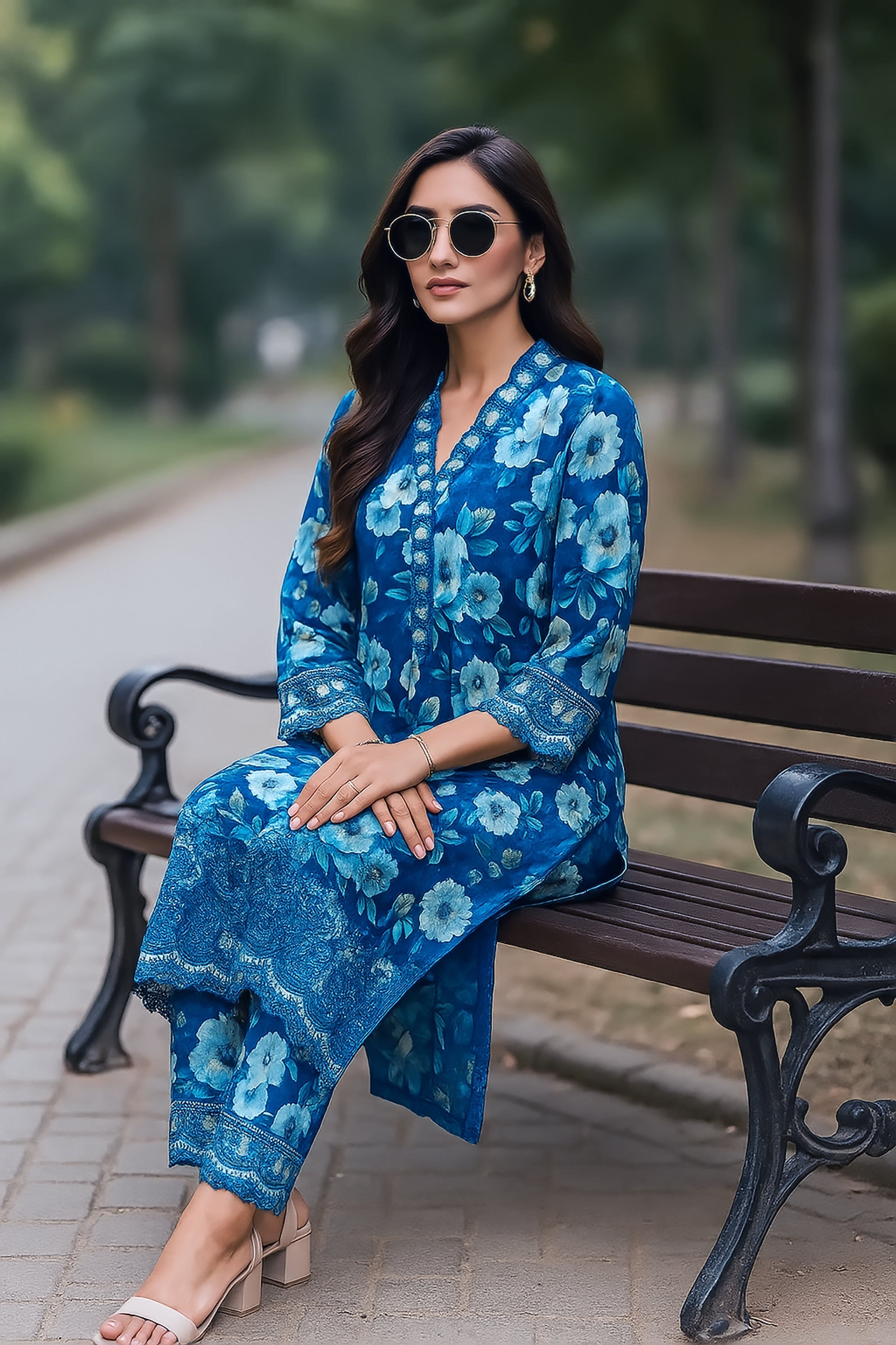 cambric Kurta Set in Blue