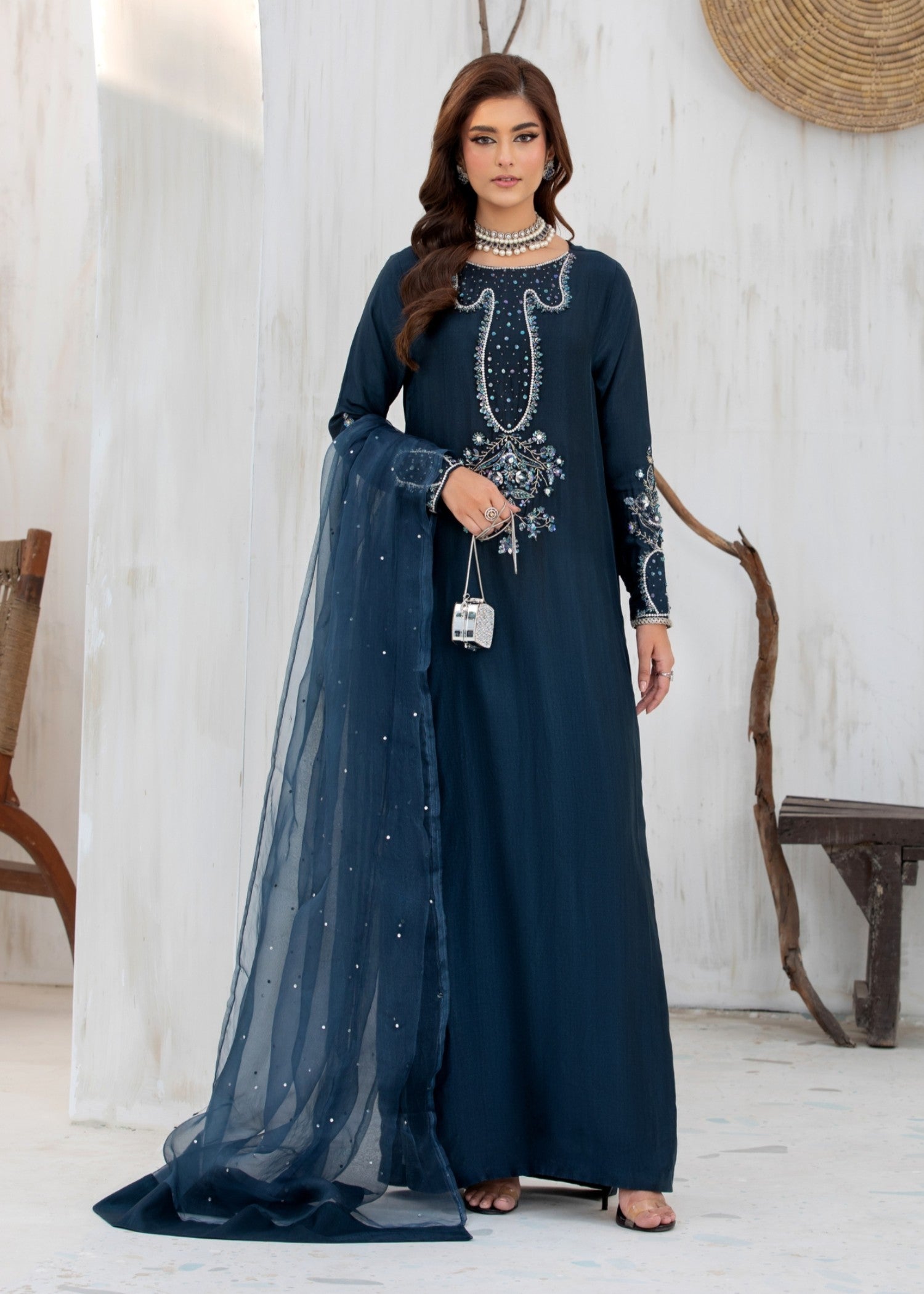korean raw silk Kurta Set in Midnight blue