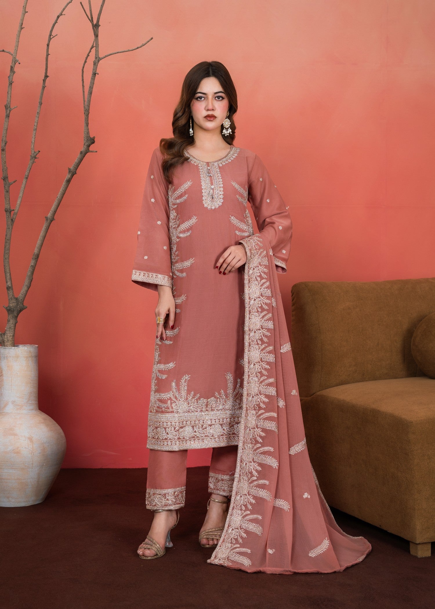 chiffon Kurta Set in Melon pink