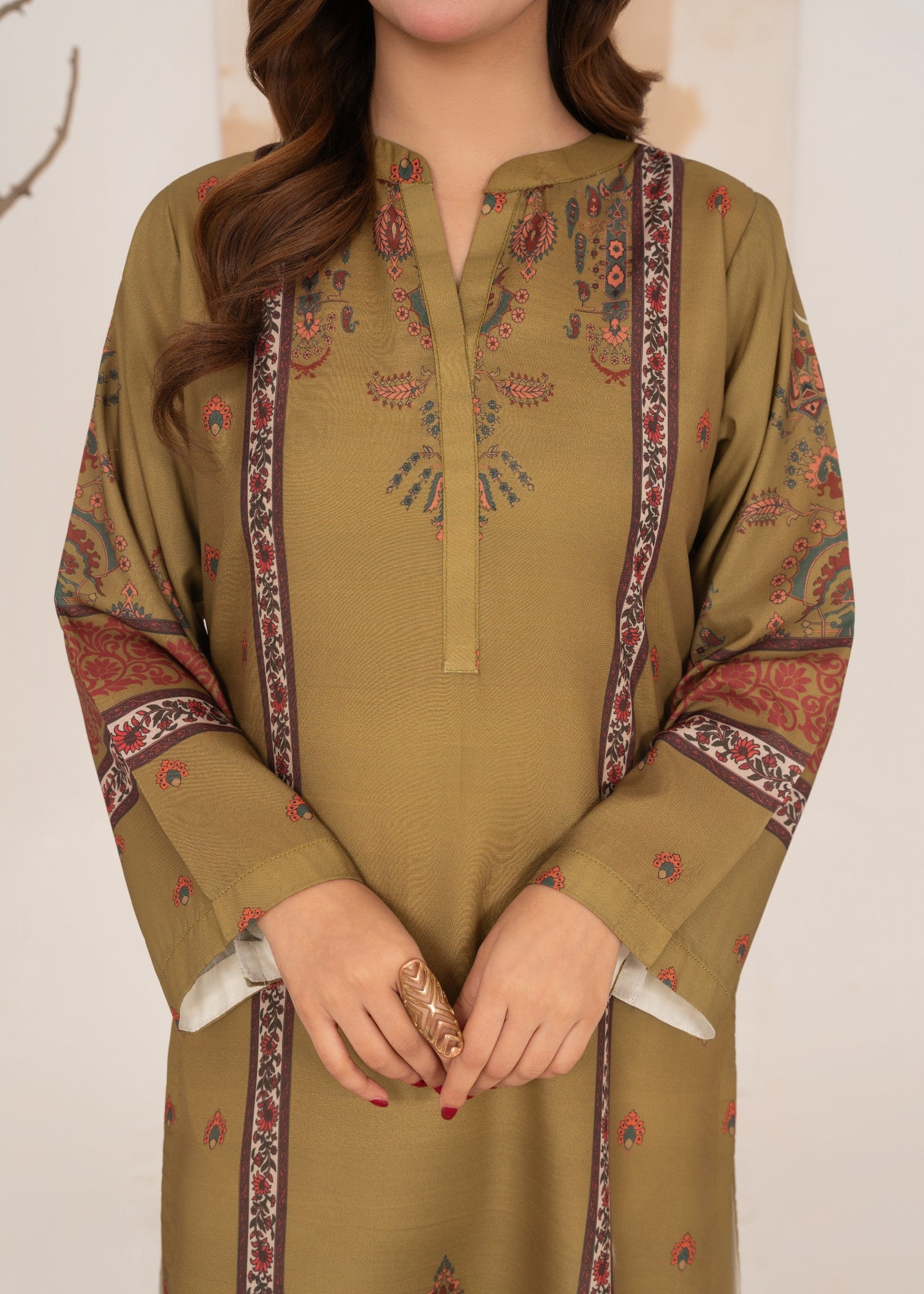 poly lawn Kurta Set in Olive green