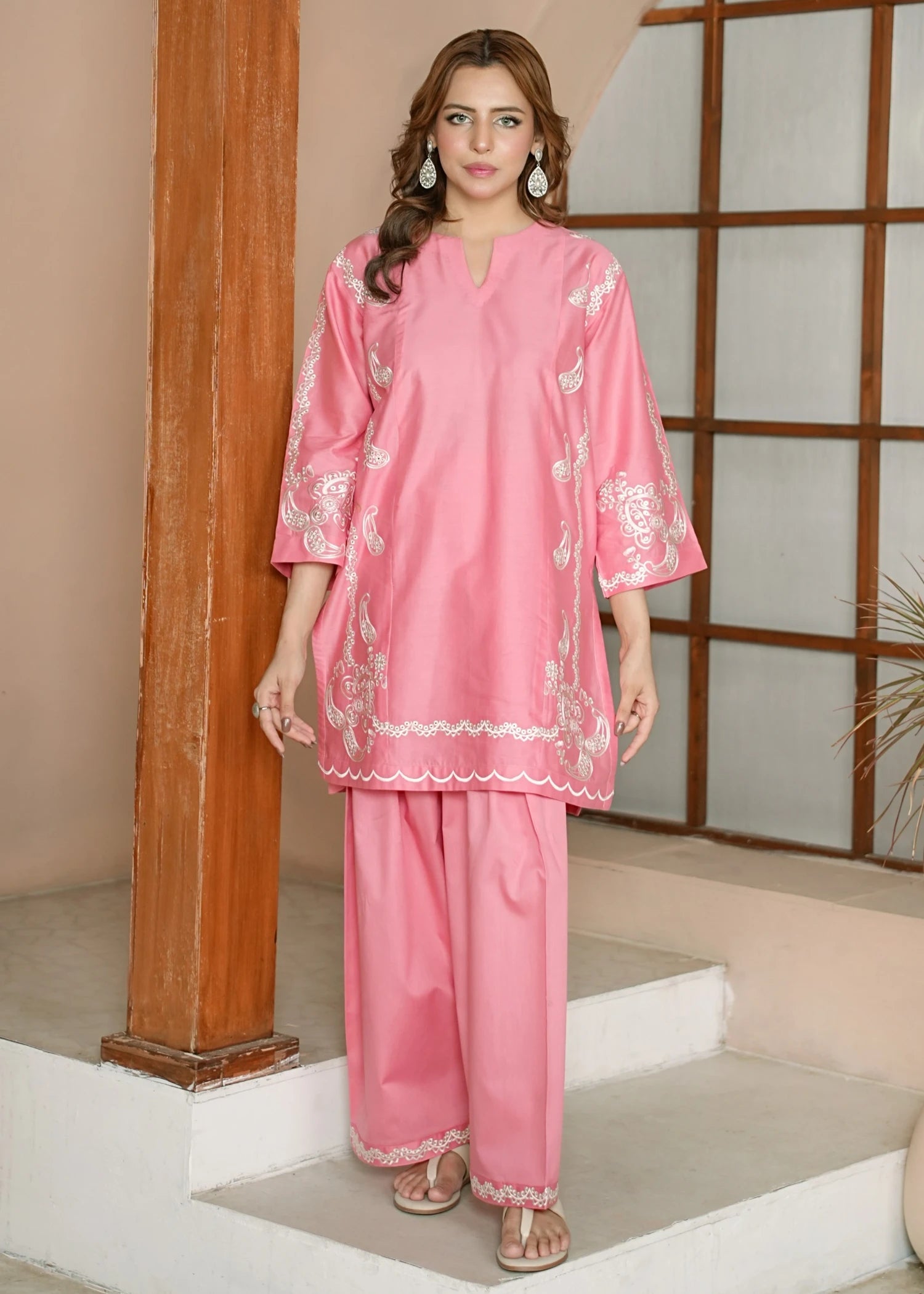 lawn cotton Kurta Set in Salmon pink