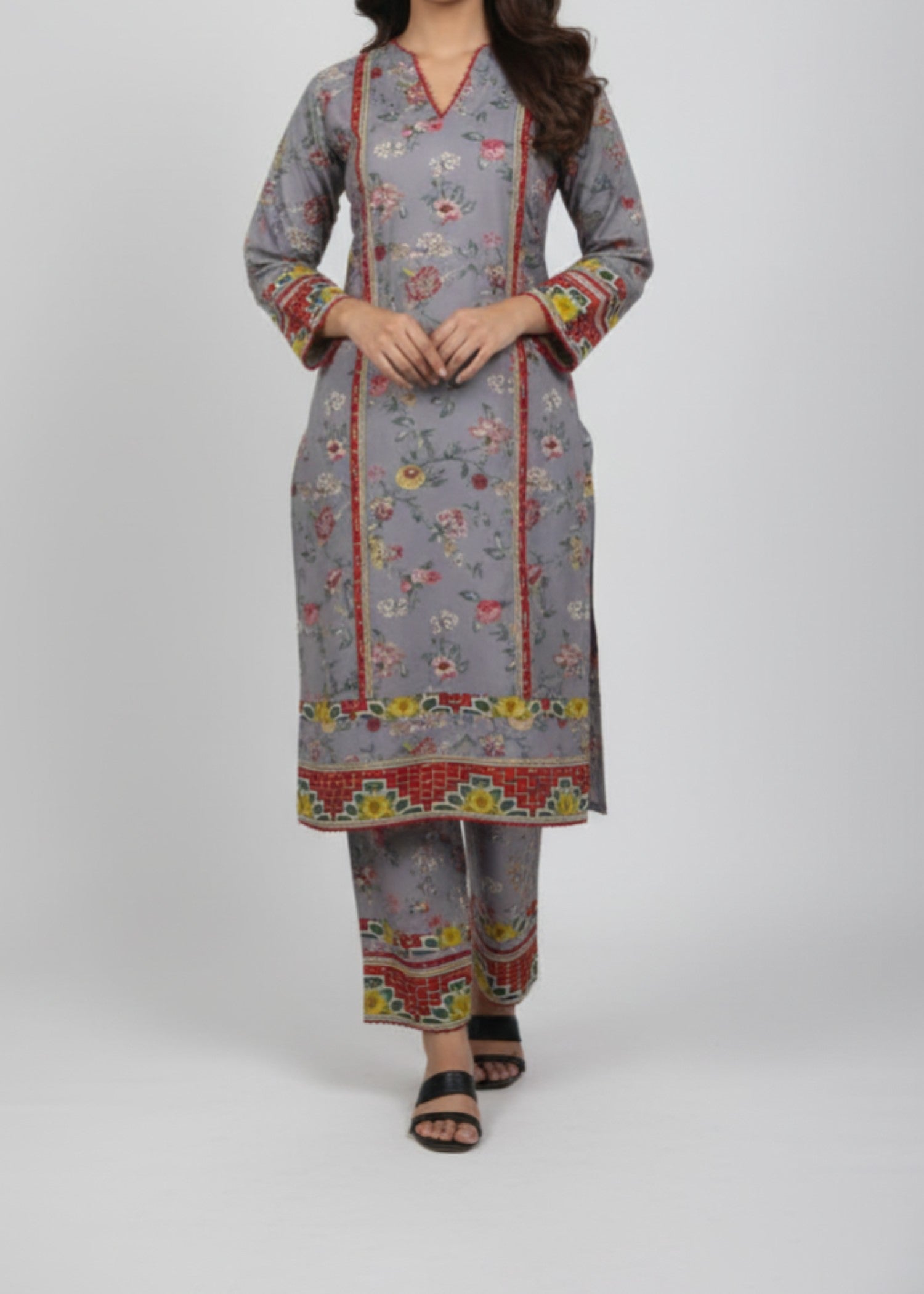 poly lawn Kurta Set in Steal grey