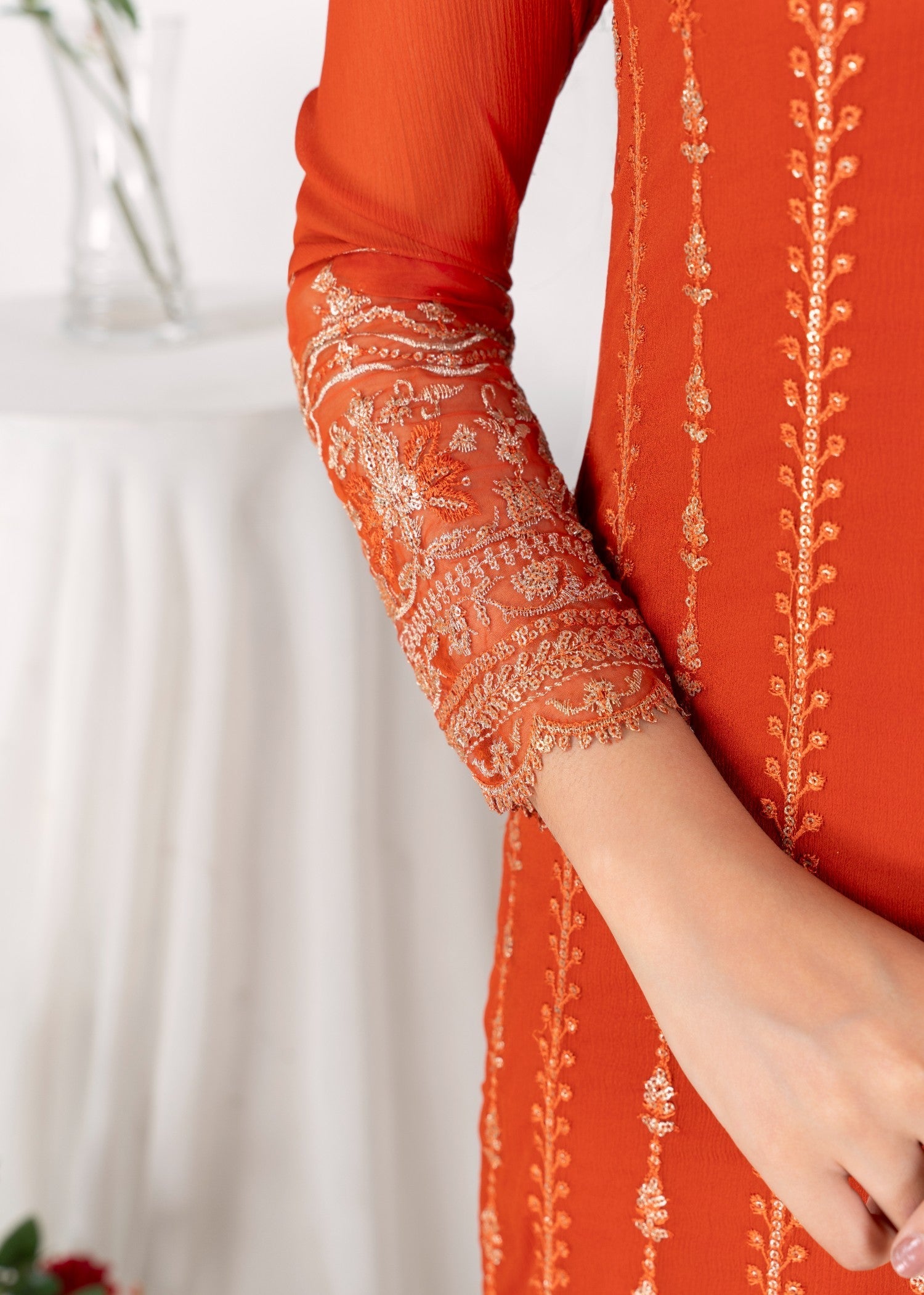 bemberg crinkle chiffon Kurta Set in Copper orange