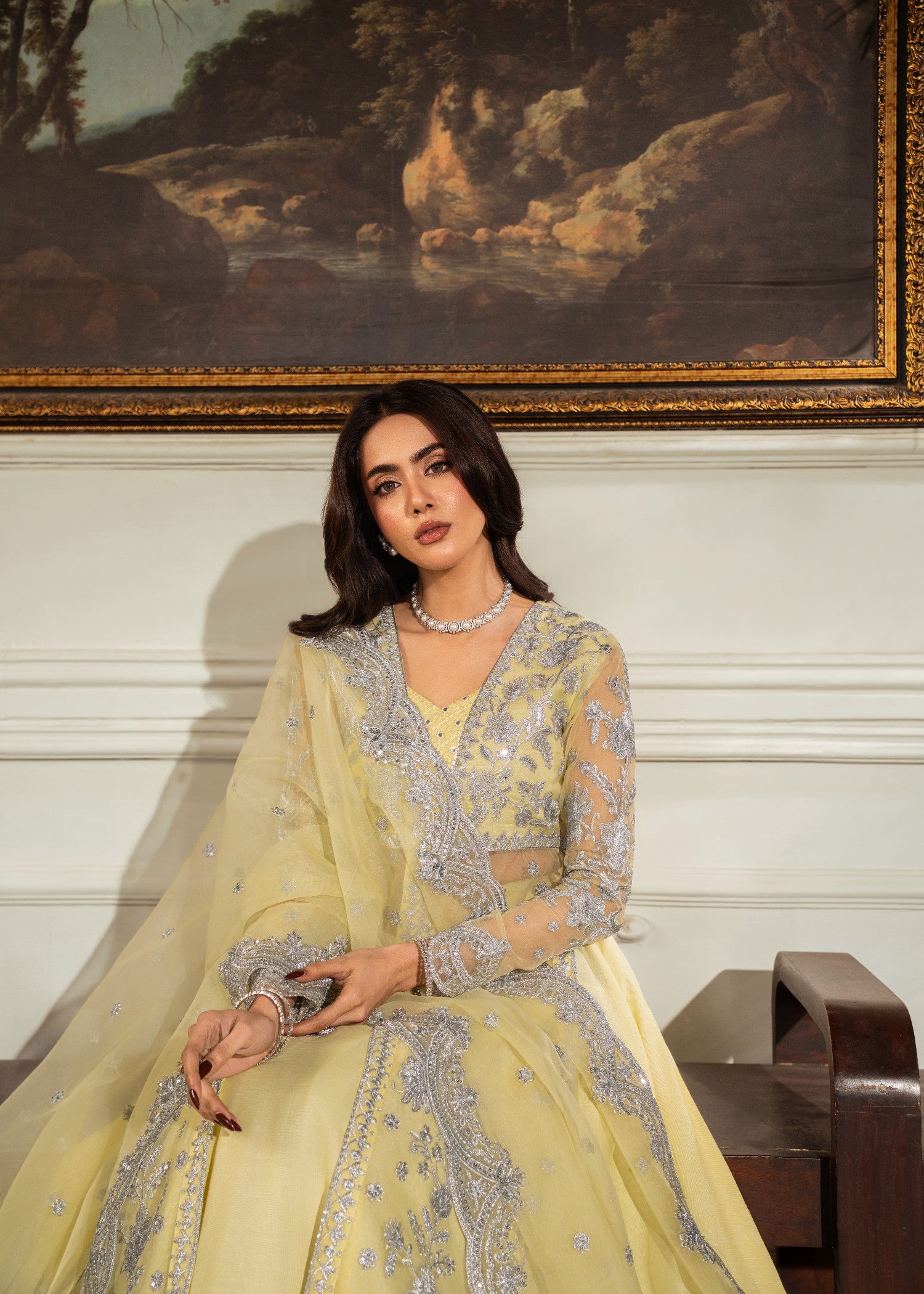 organza Lehenga in Pale yellow