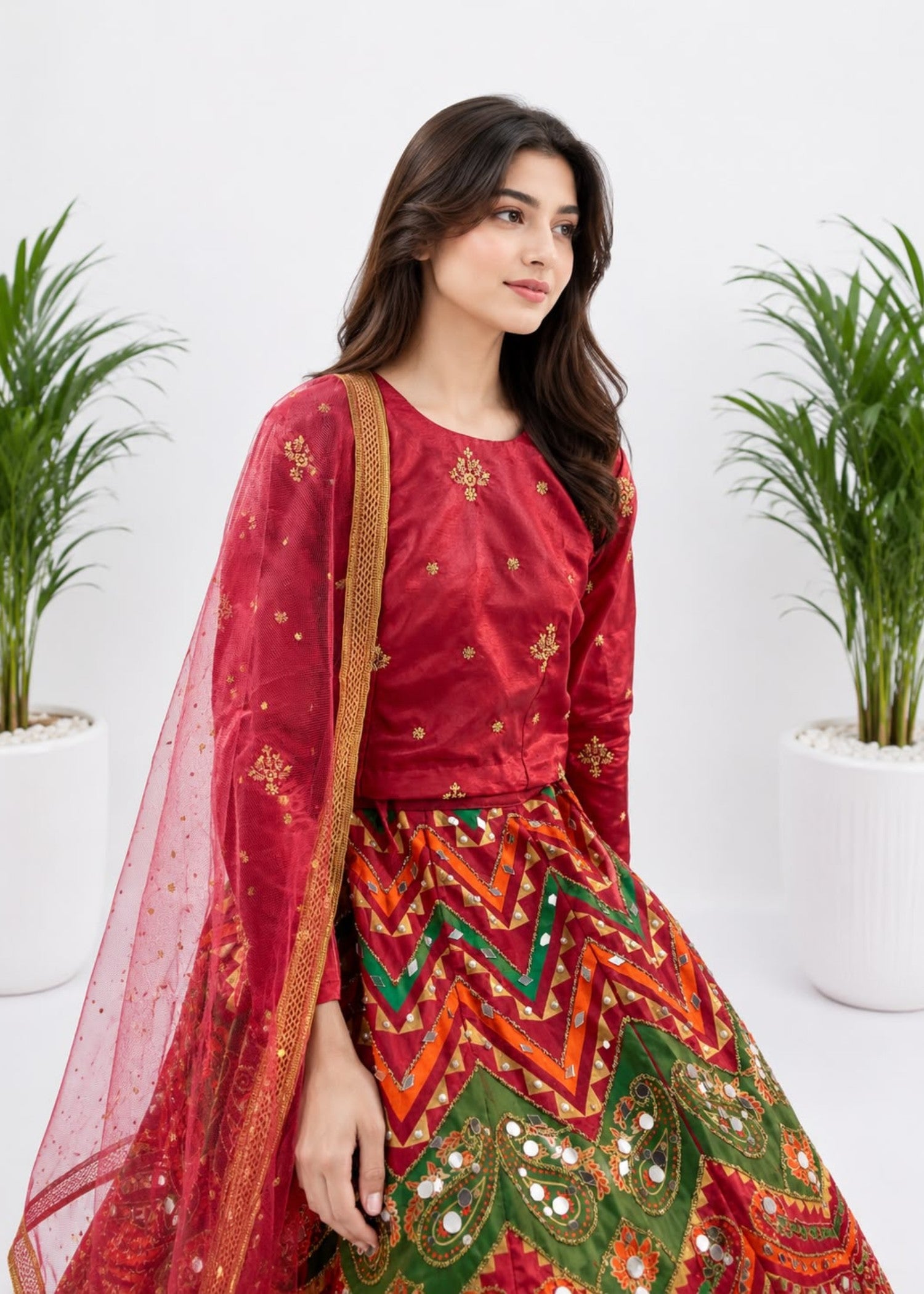 kattan silk Lehenga in Multi, maroon