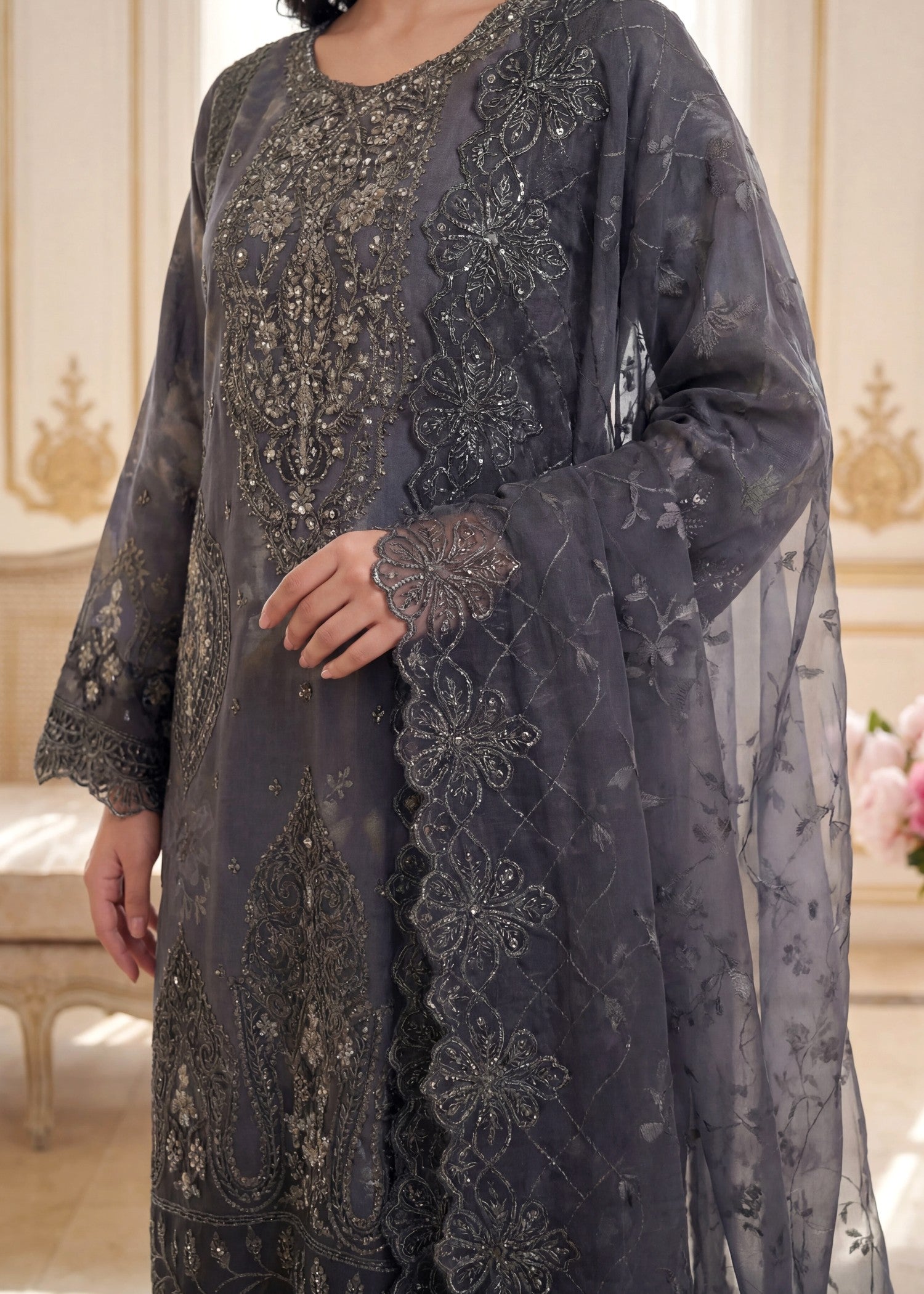 organza Kurta Set in Charcoal black