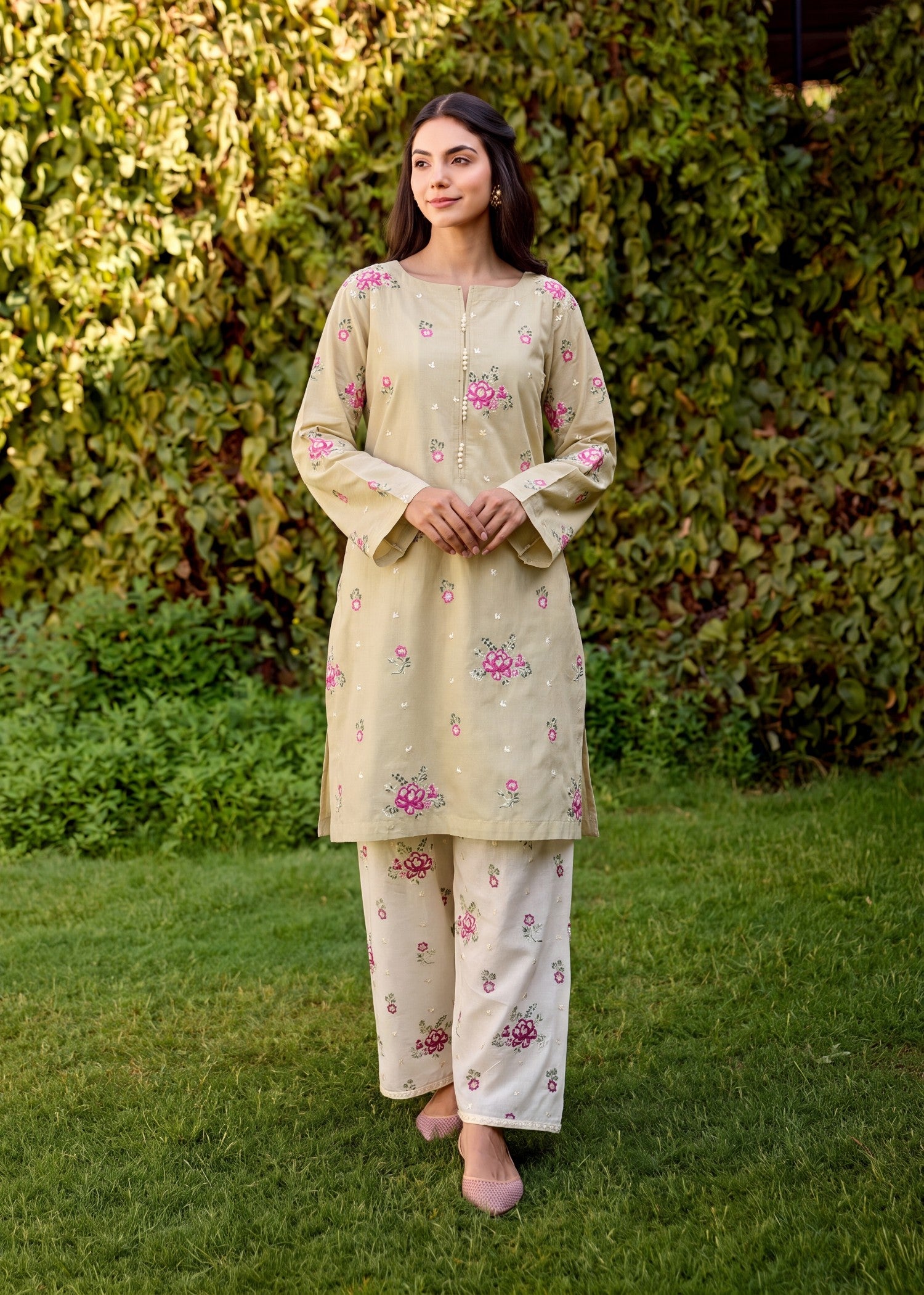lawn Kurta Set in Khaki brown