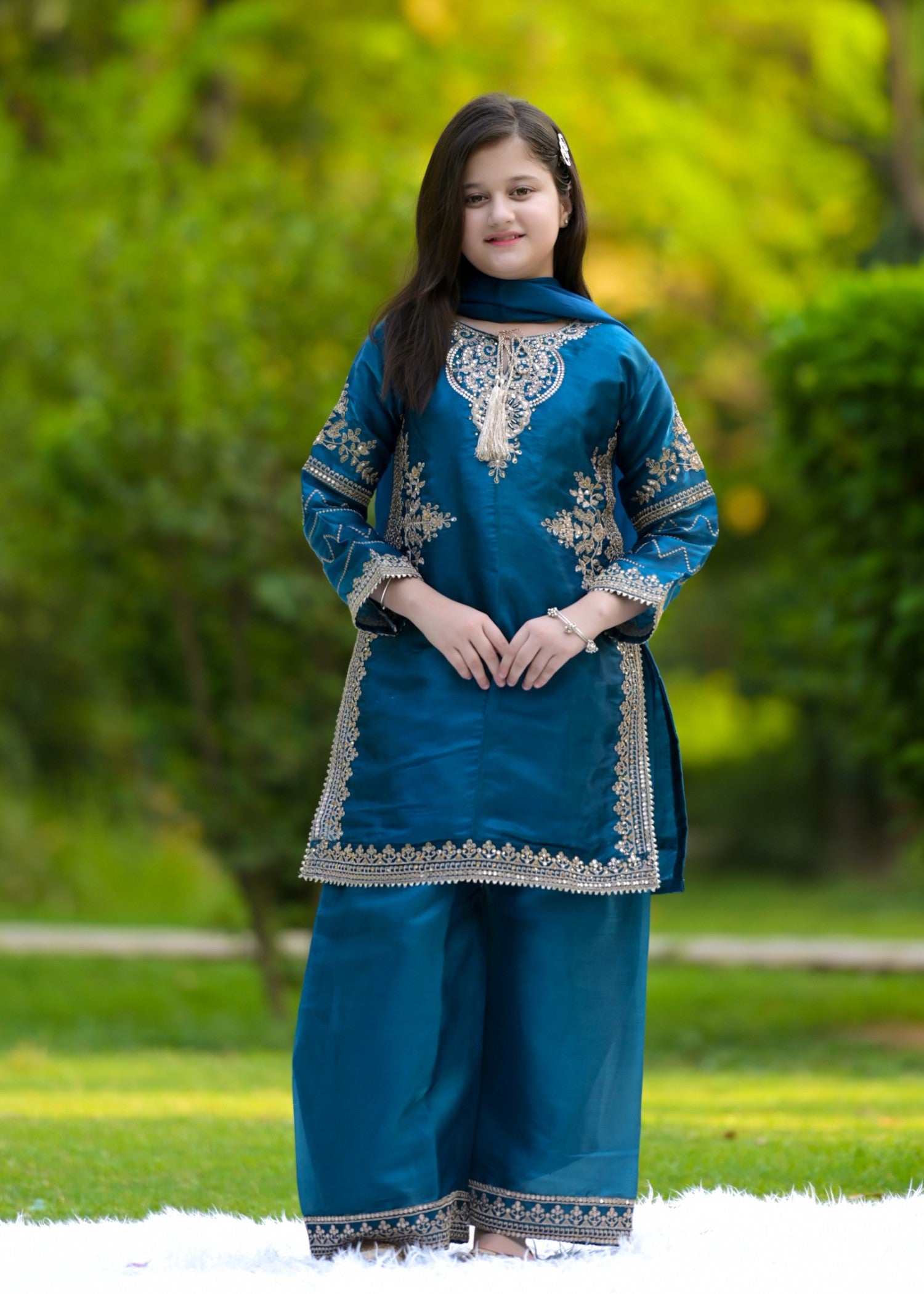 silk Kurta Set in Yale blue