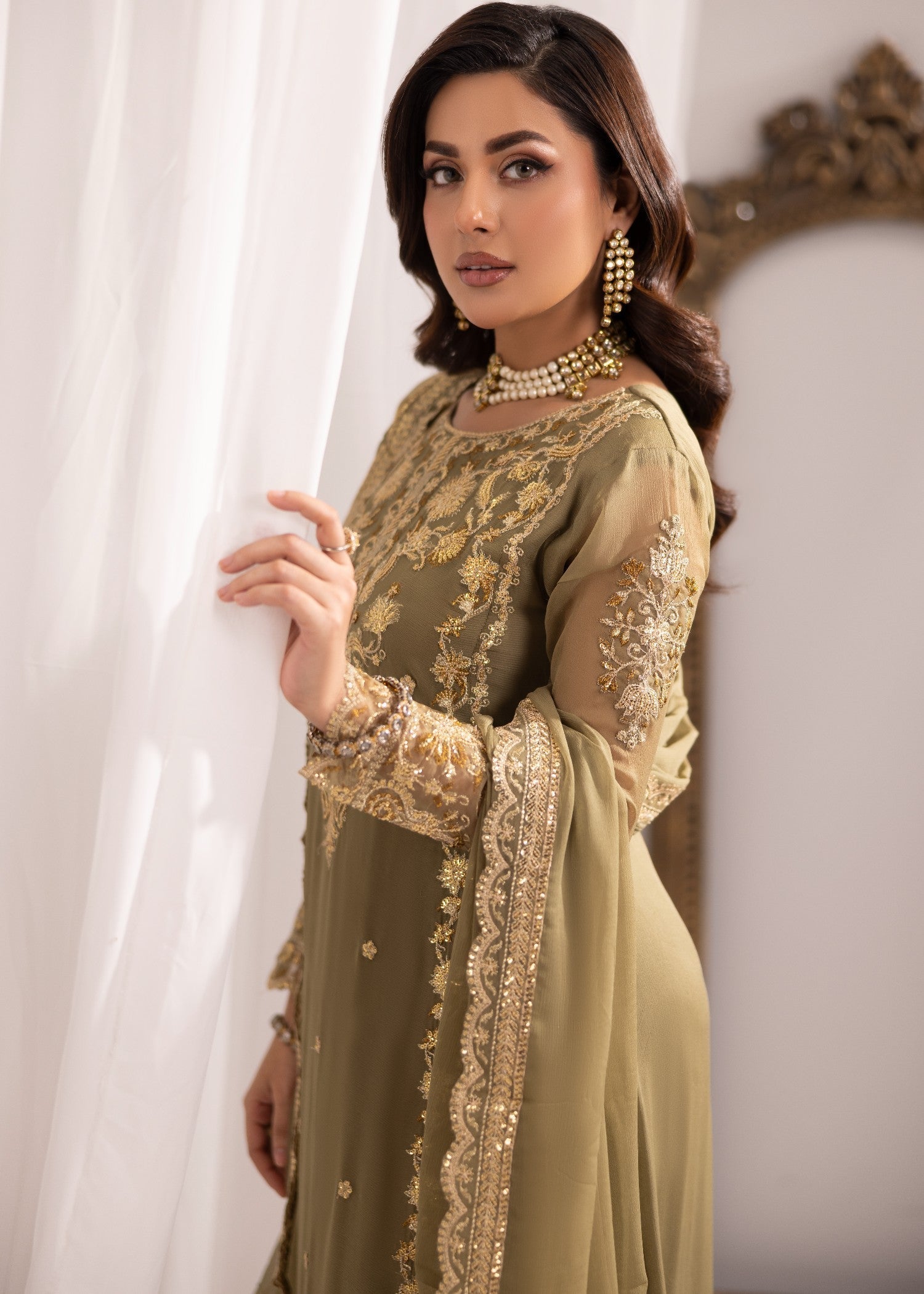 bemberg crinkle chiffon Kurta Set in Sage green