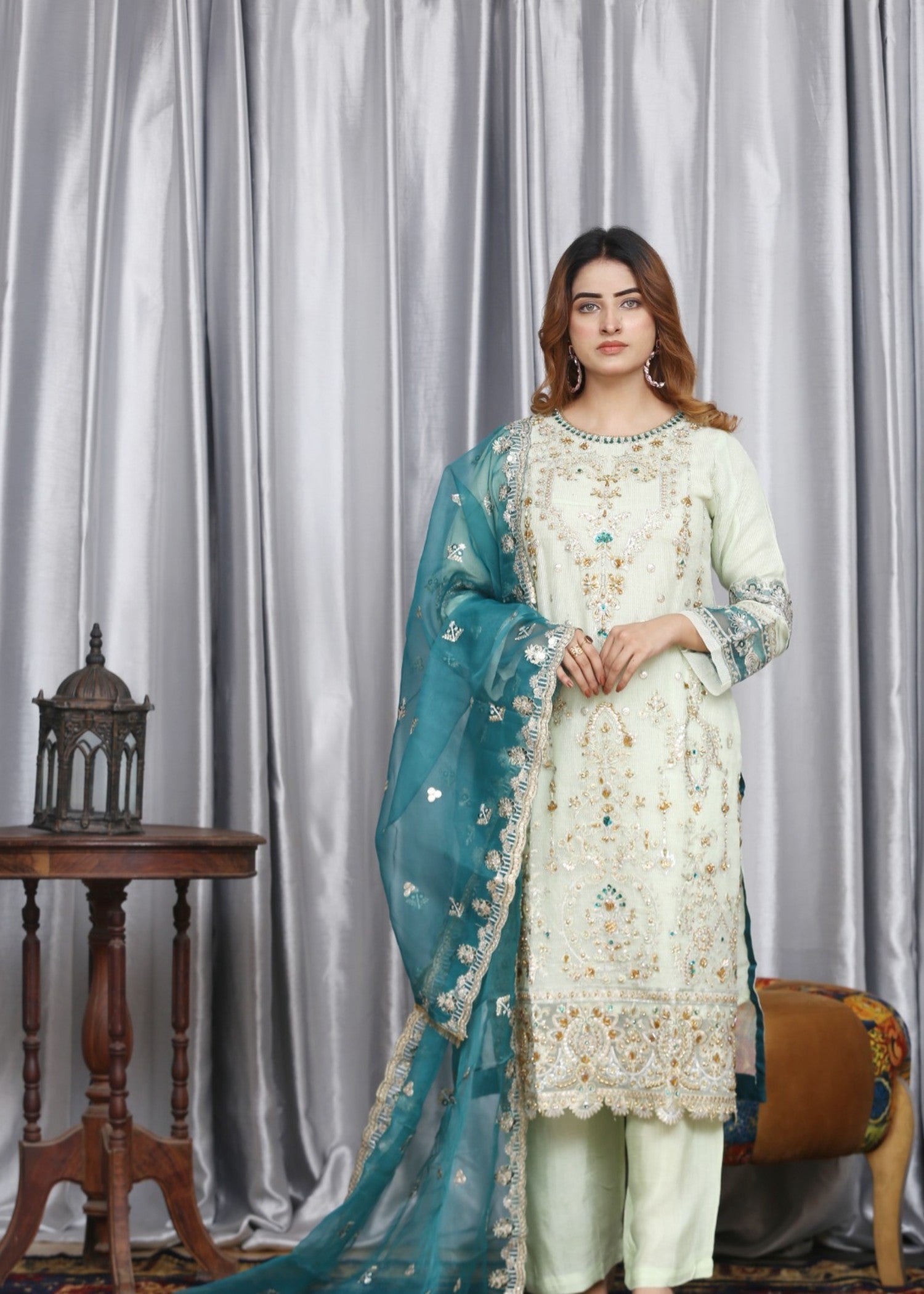 organza Kurta Set in Moss green